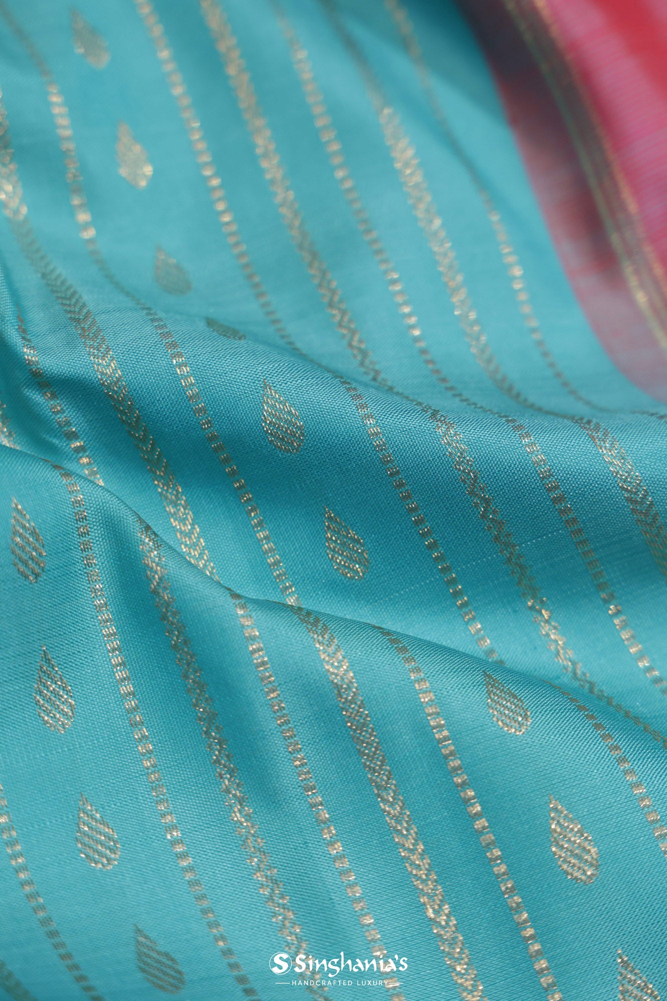 Capri Blue Kanjivaram Silk Saree With Stripes Pattern
