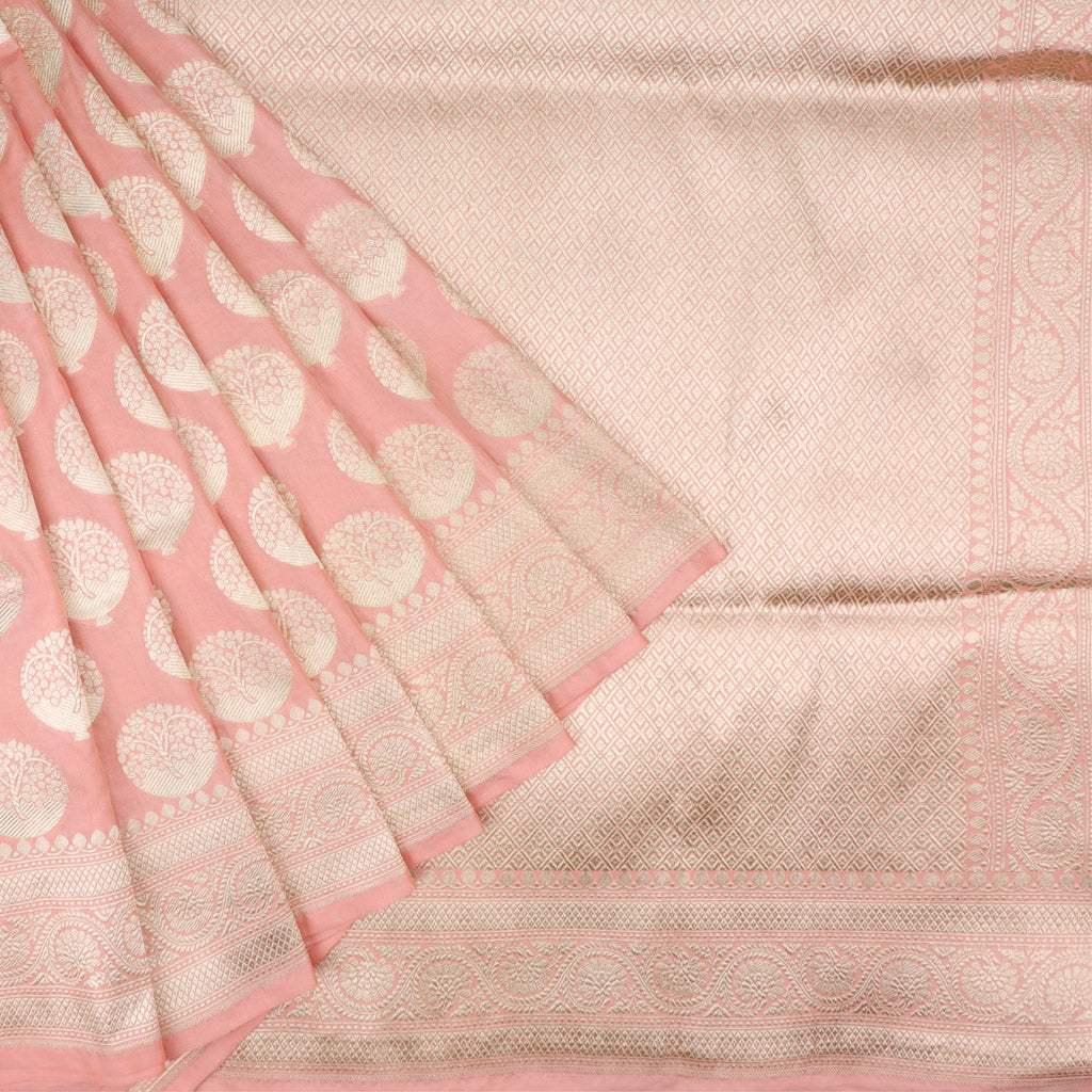 Light Peach Banarasi Silk Handloom Saree With Floral Buttas - Singhania's