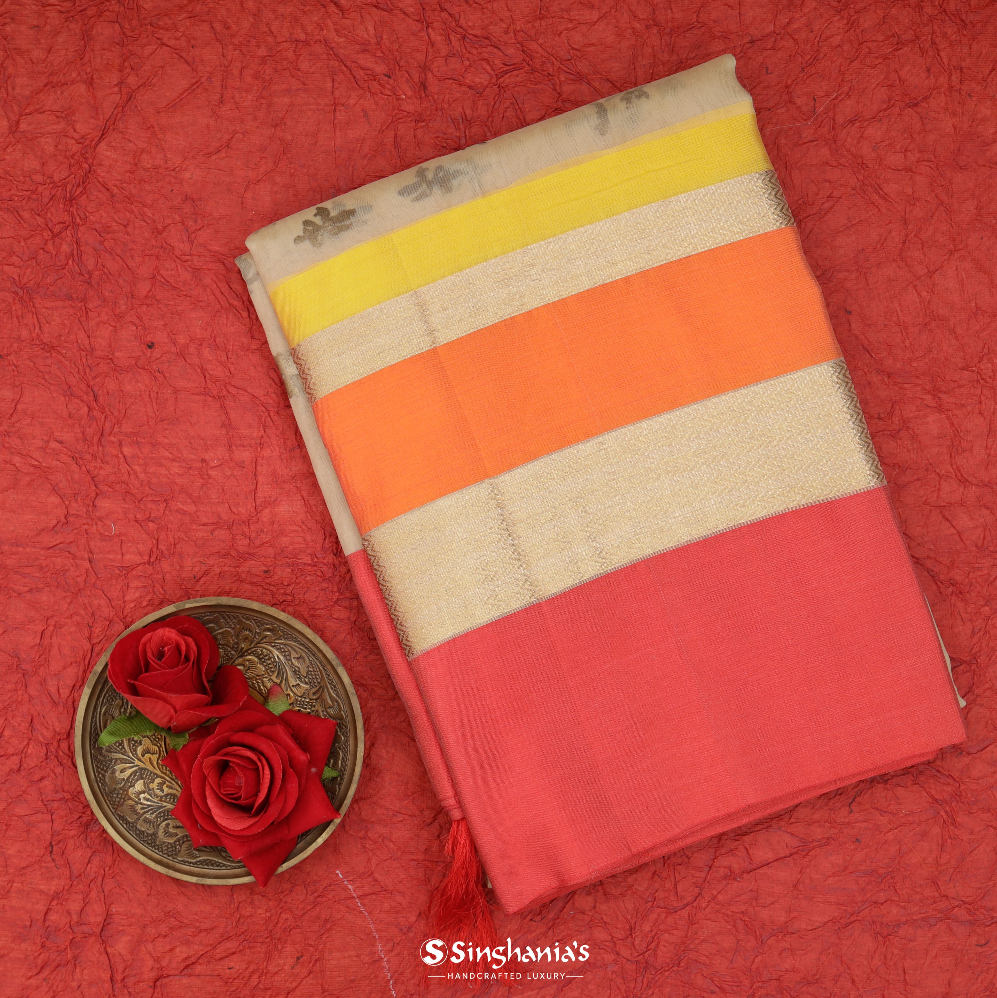 Soft Beige Organza Bandhani Saree With Floral Pattern