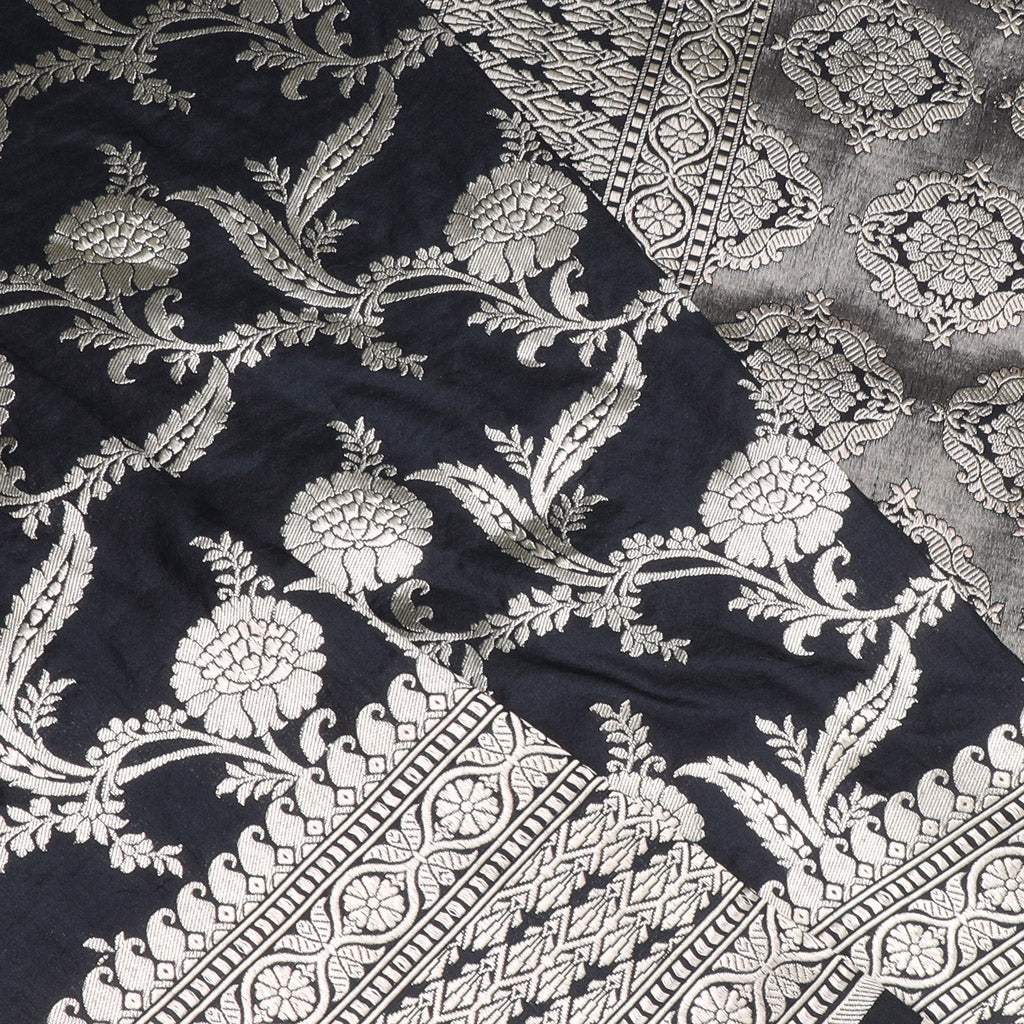 Black Banarasi Silk Handloom Saree With Floral Pattern - Singhania's