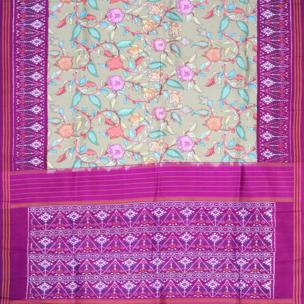 Pastel Sage Green Floral Printed Satin Silk Saree With Ikat Motifs - Singhania's