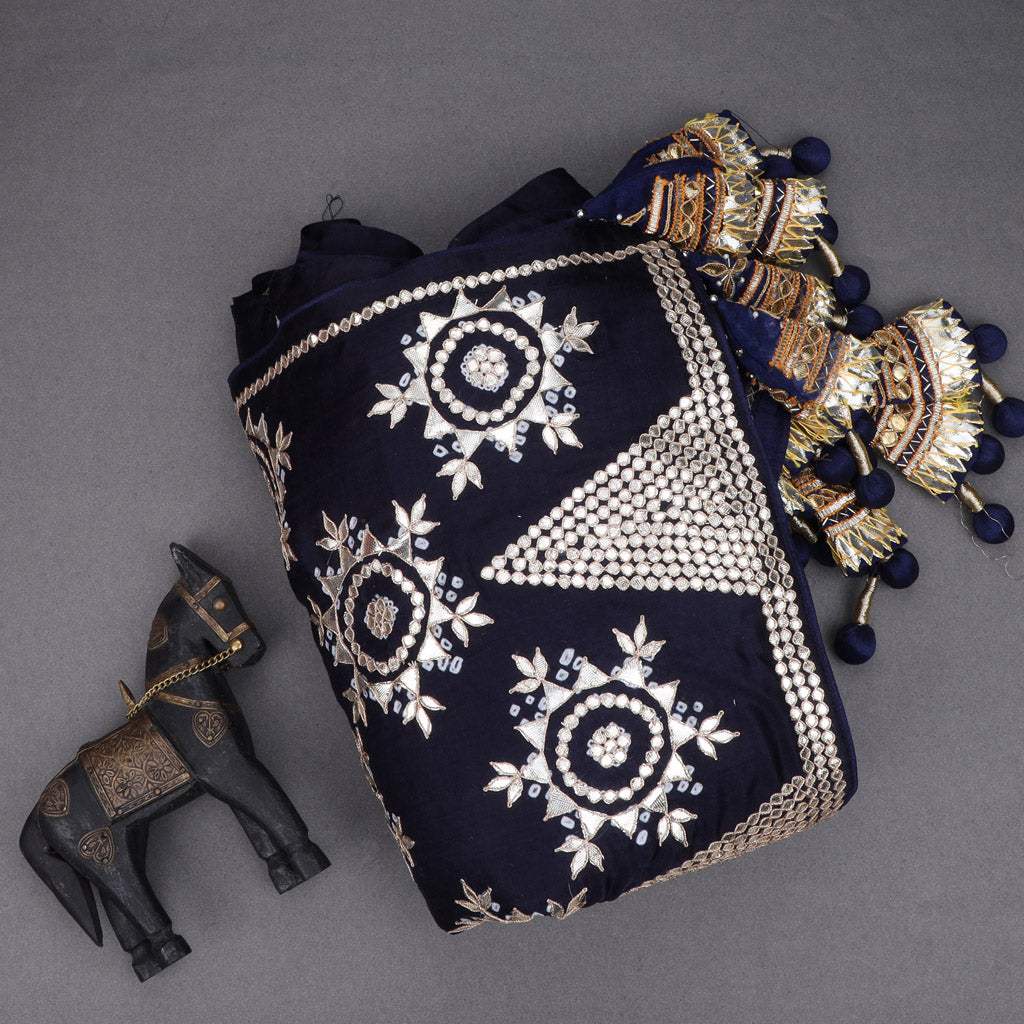 Dark Blue Bandhani Print Satin Silk Saree With Gota Pati Embroidery - Singhania's