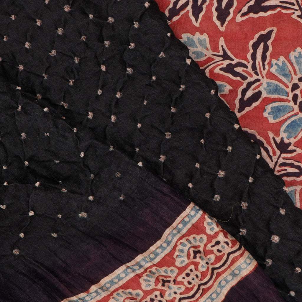 Black Ajrakh Bandhani Silk Handloom Saree - Singhania's