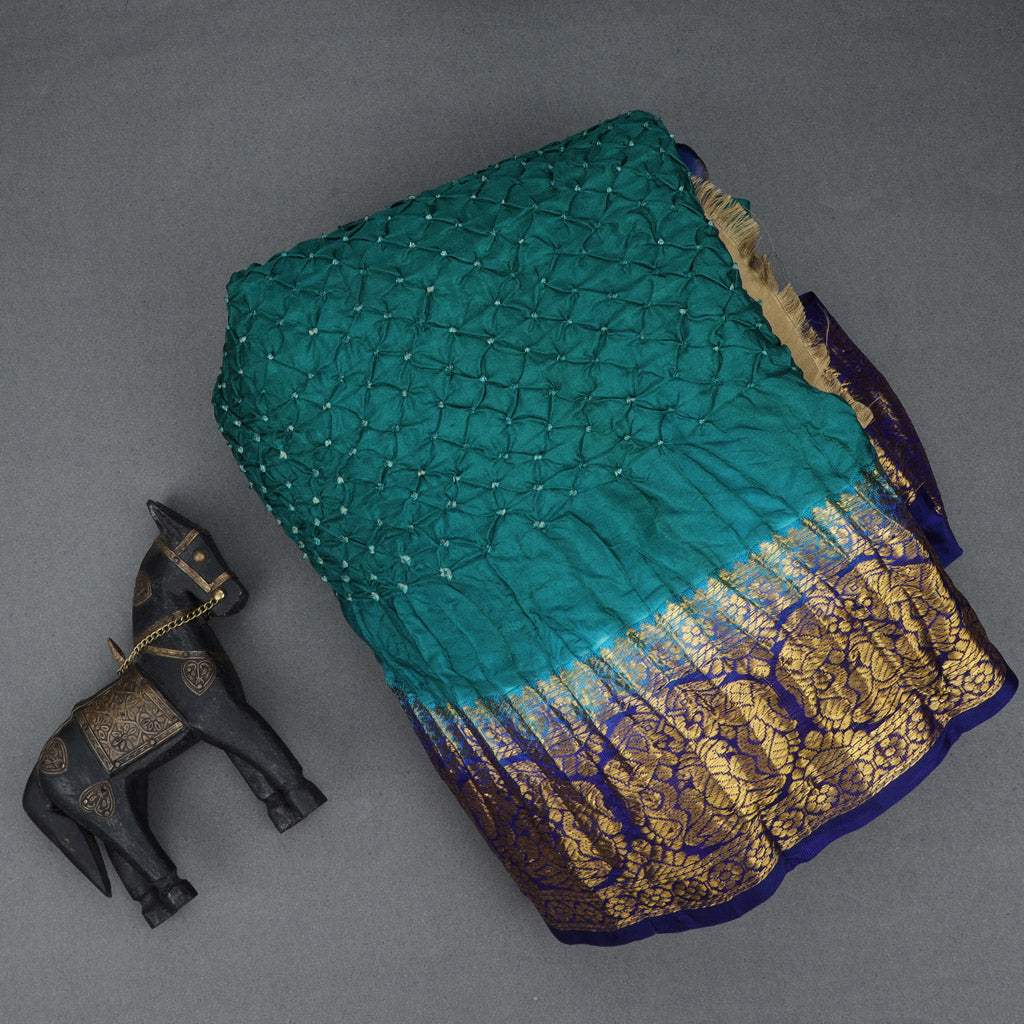 Teal Blue Kanjivaram Bandhani Silk Handloom Saree - Singhania's