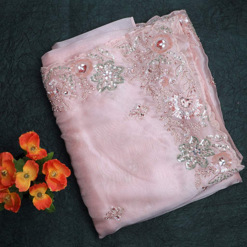 Pastel Pink Tissue Saree With Embroidery - Singhania's