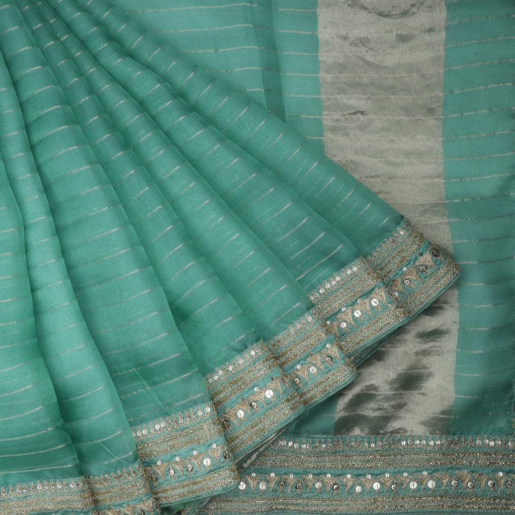 Turquoise Blue Organza Saree With Embroidery - Singhania's