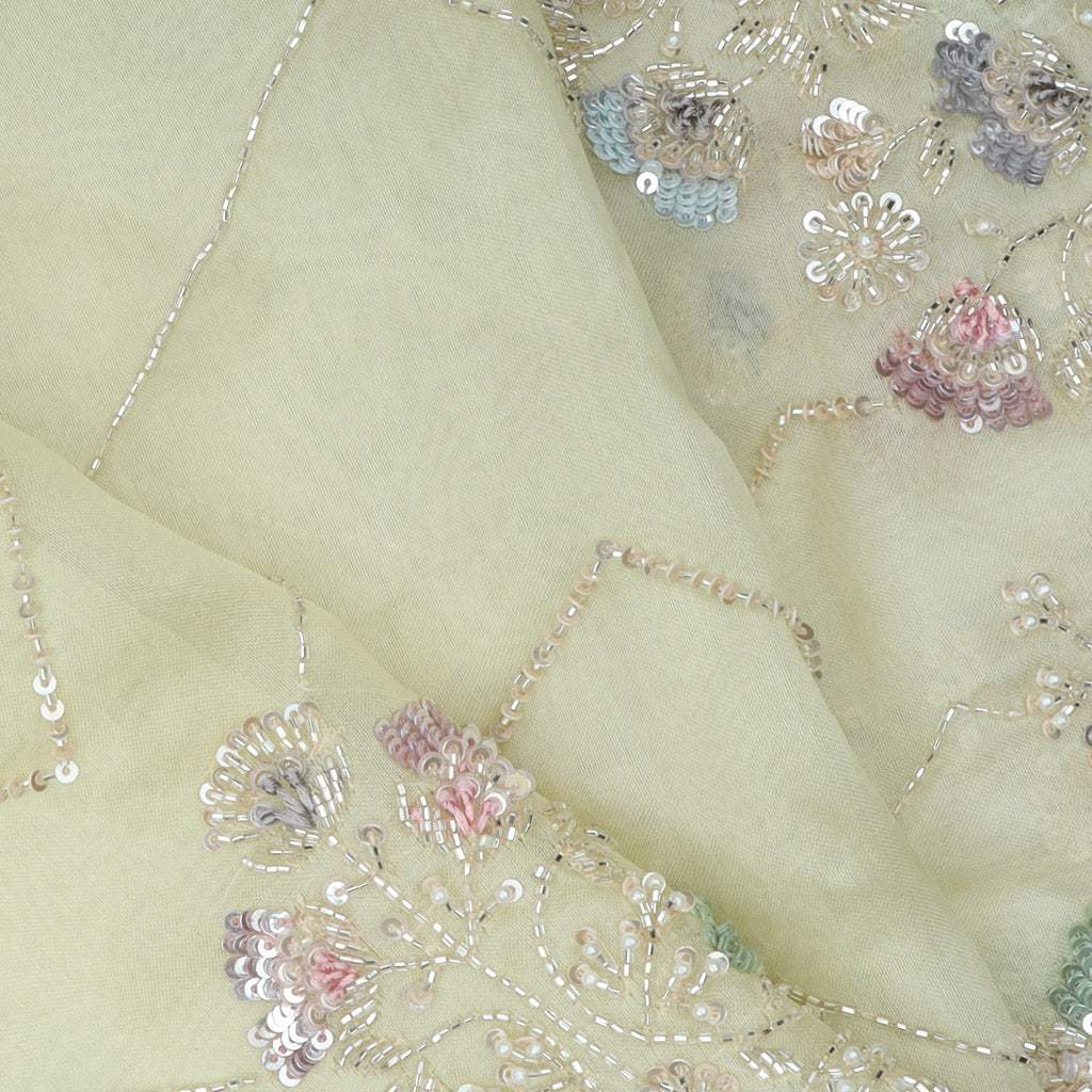 Pastel Lime Yellow Organza Saree With Embroidery - Singhania's