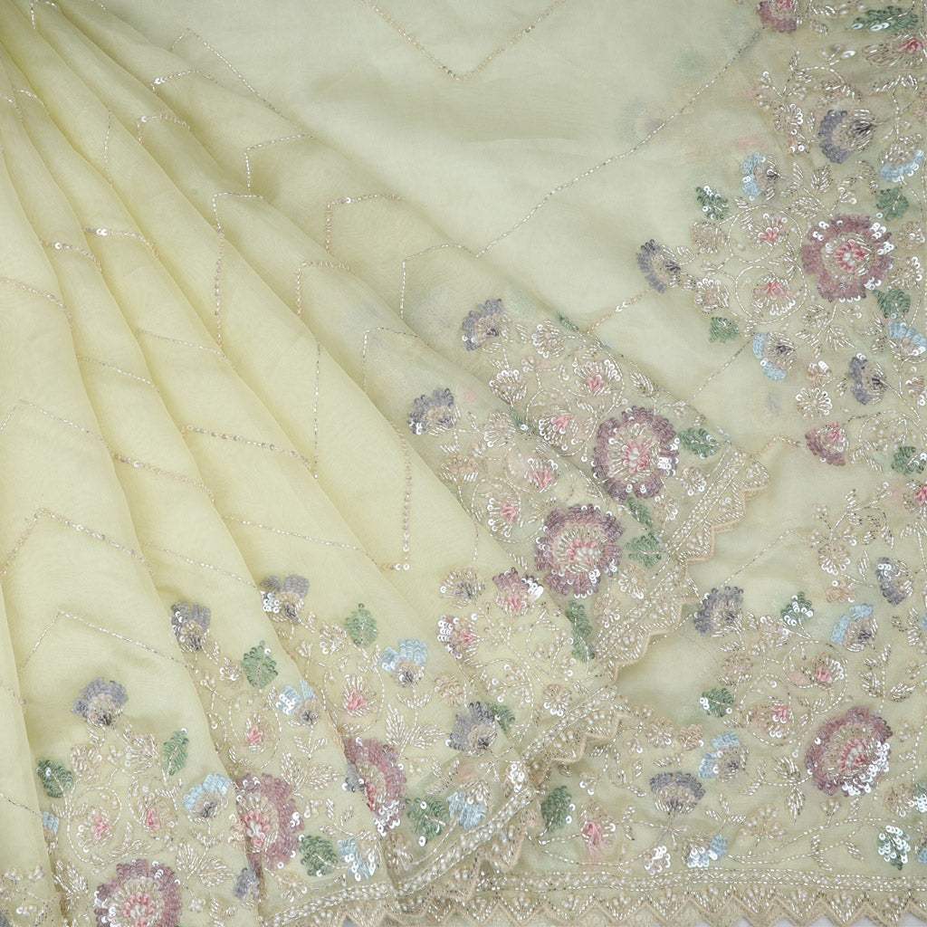 Pastel Lime Yellow Organza Saree With Embroidery - Singhania's