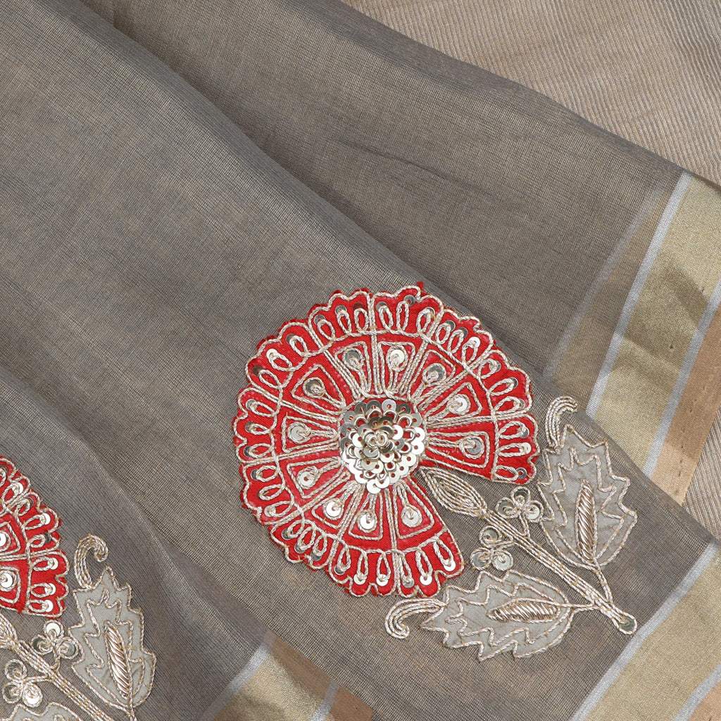 Grey Tissue Saree With Sequin Embroidery - Singhania's