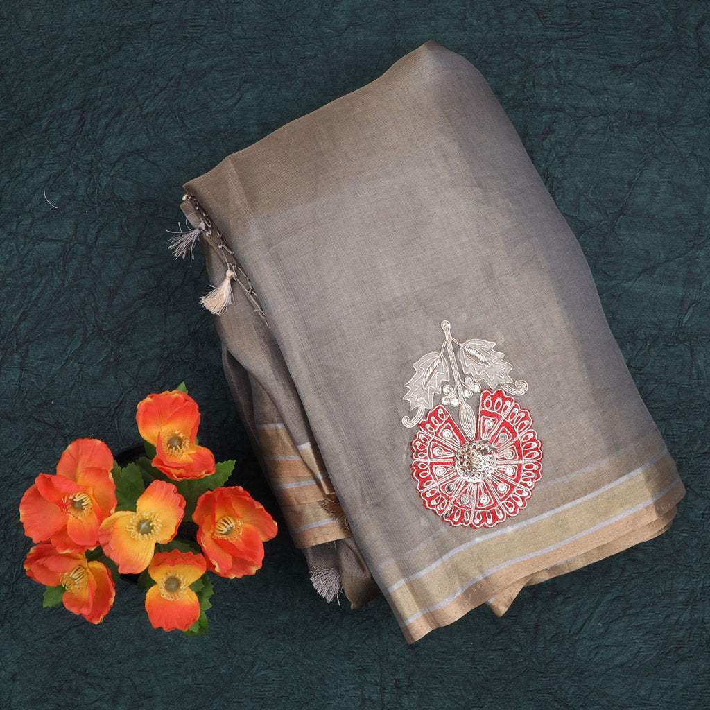Grey Tissue Saree With Sequin Embroidery - Singhania's