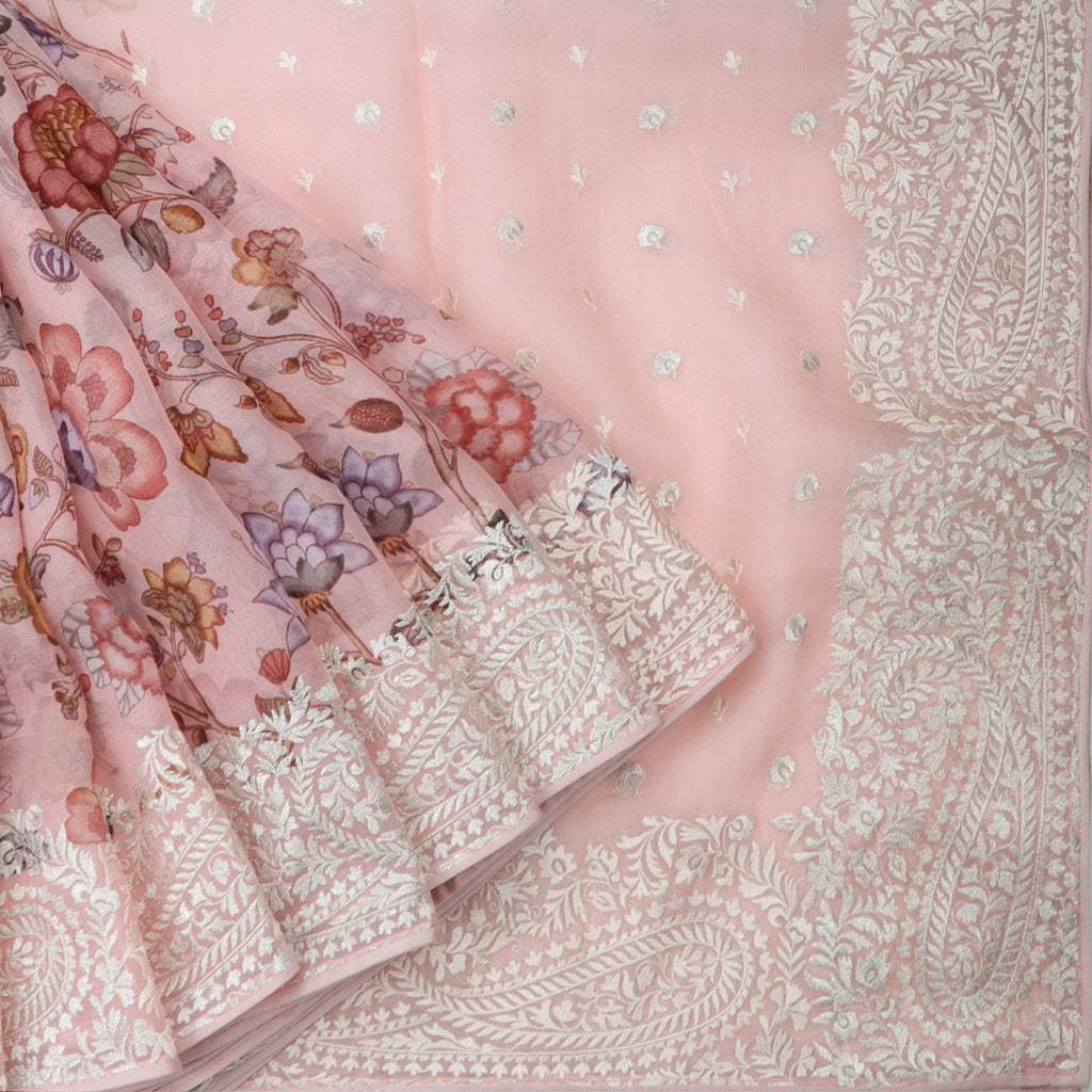 Pale Pink Floral Printed Organza Saree With Embroidery - Singhania's