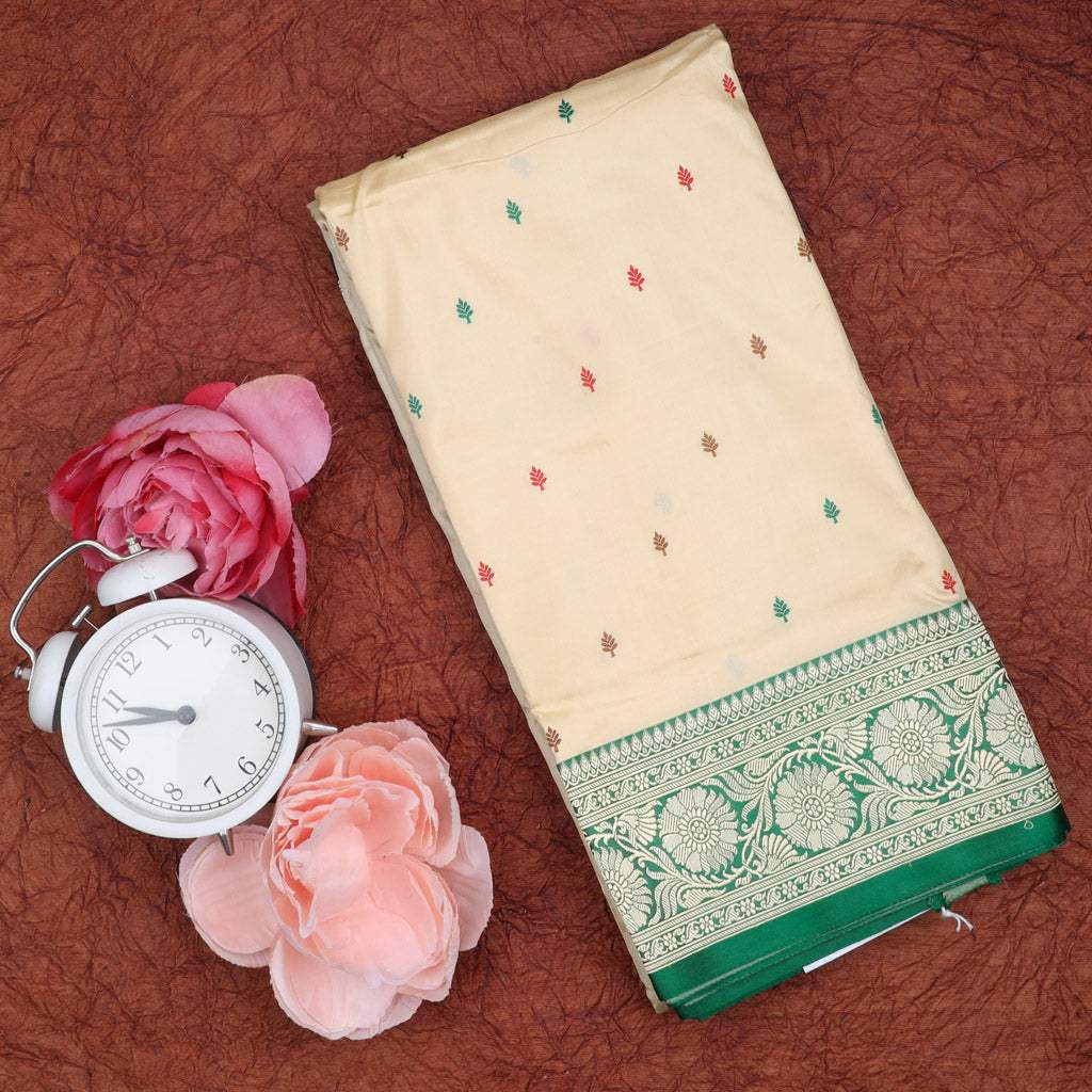 Pastel Cream Banarasi Handloom Silk Saree - Singhania's
