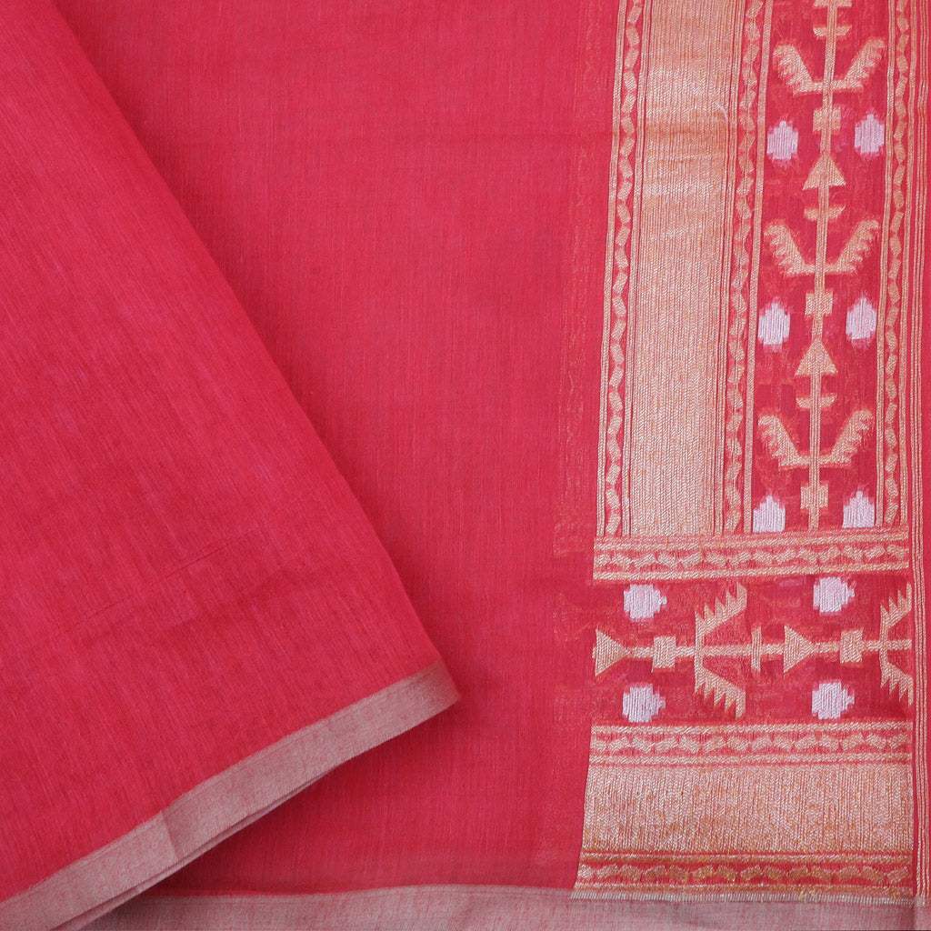 Vibrant Red Banarasi Cotton Handloom Saree With Floral Buttis In Diagonal Pattern - Singhania's