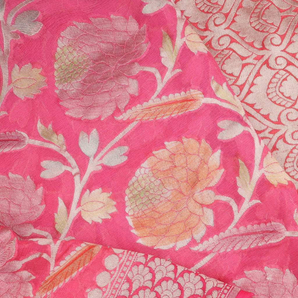Pastel Pink Georgette Banarasi Saree With Floral Jaal Design - Singhania's