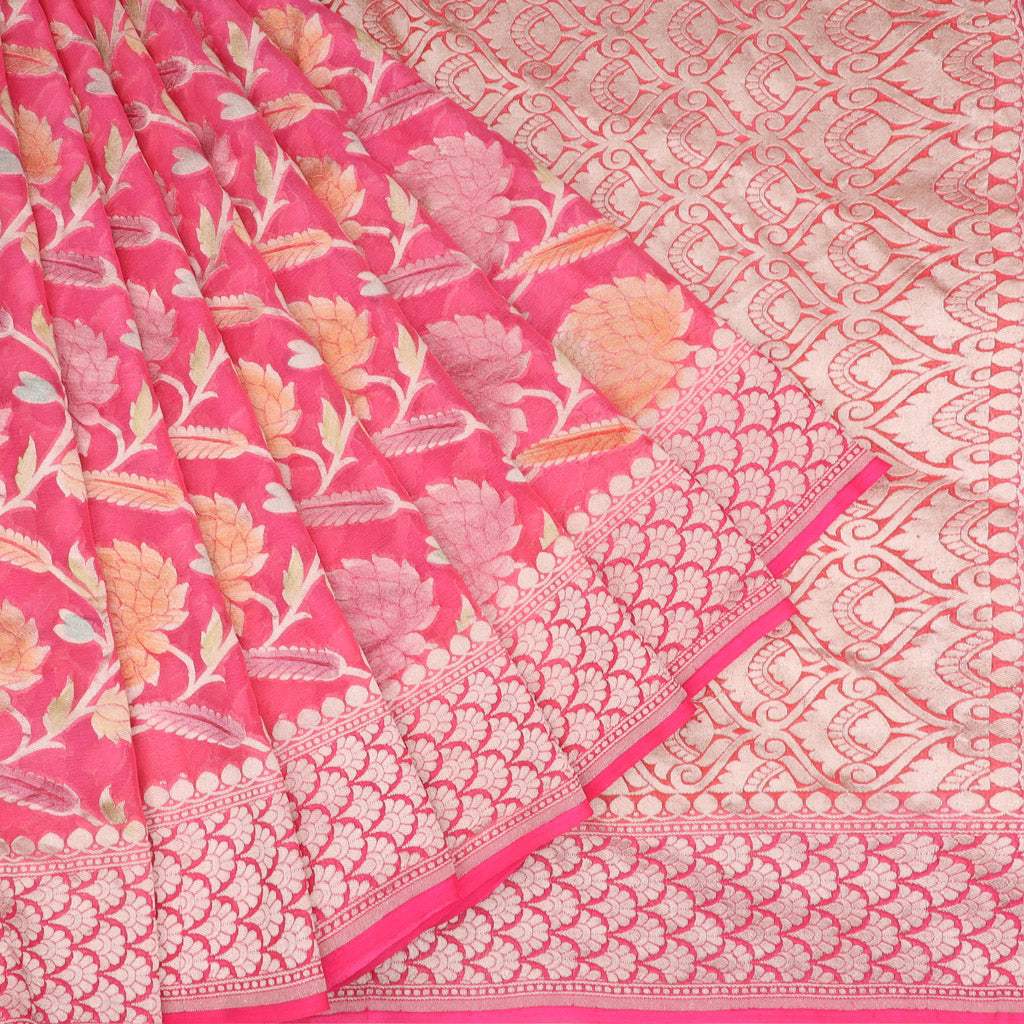 Pastel Pink Georgette Banarasi Saree With Floral Jaal Design - Singhania's