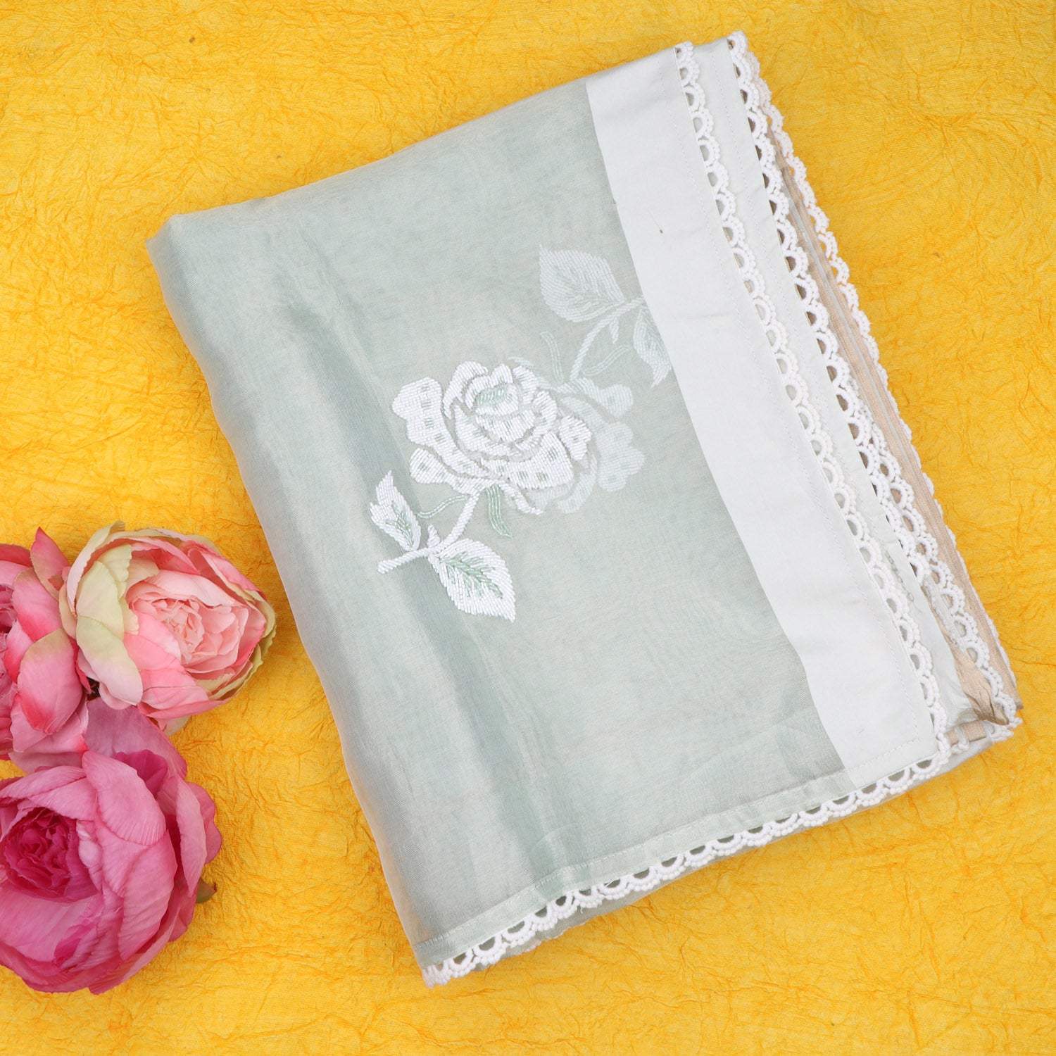 Pastel Green Tissue Embroidered Saree - Singhania's