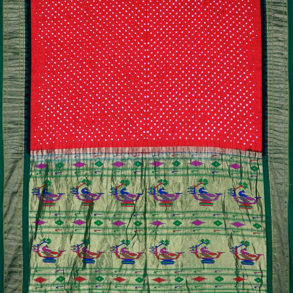 Chilli Red Kanjivaram Bandhani Silk Handloom Saree With Paithani Pallu - Singhania's