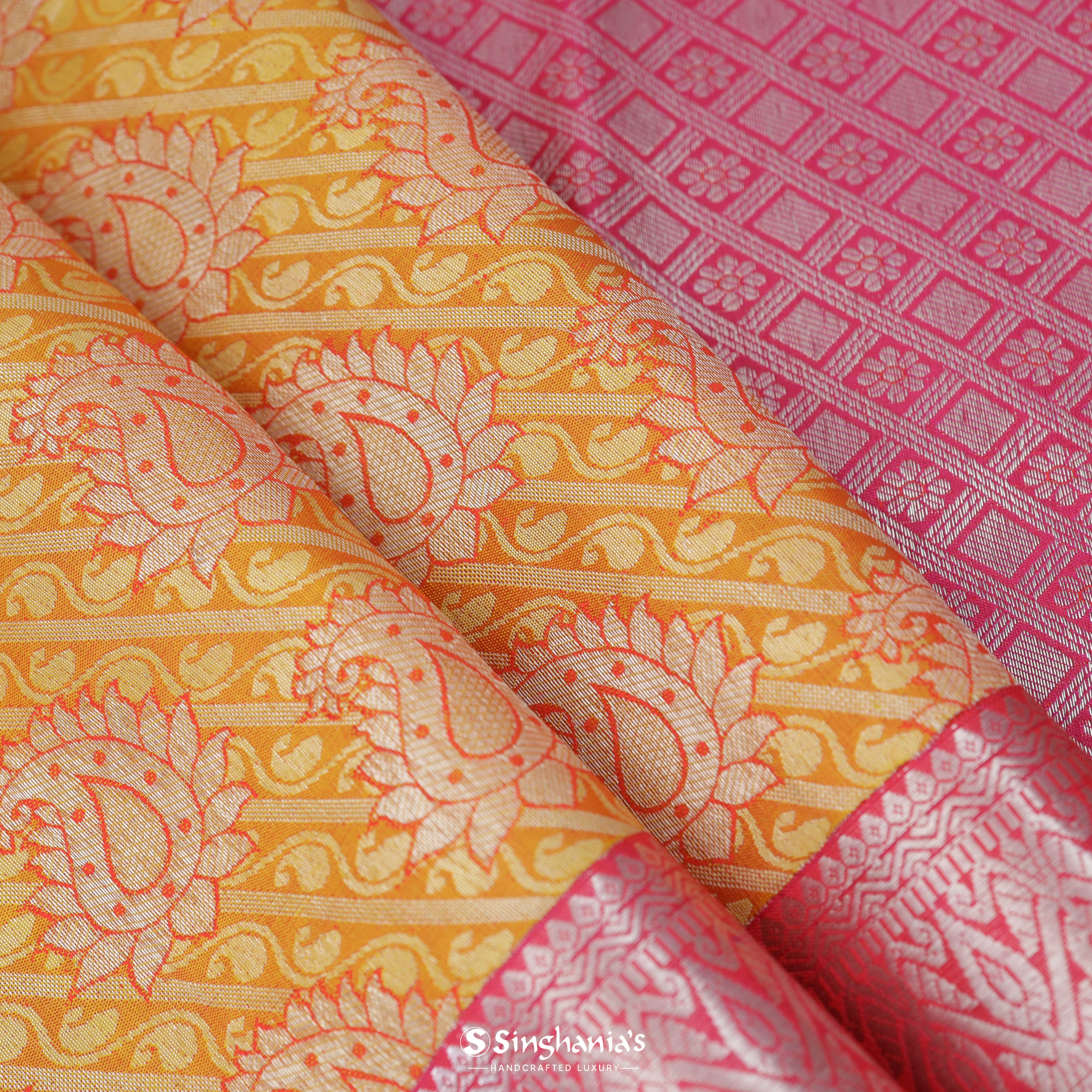 Honey Yellow Silk Kanjivaram Saree With Floral Paisley Motifs
