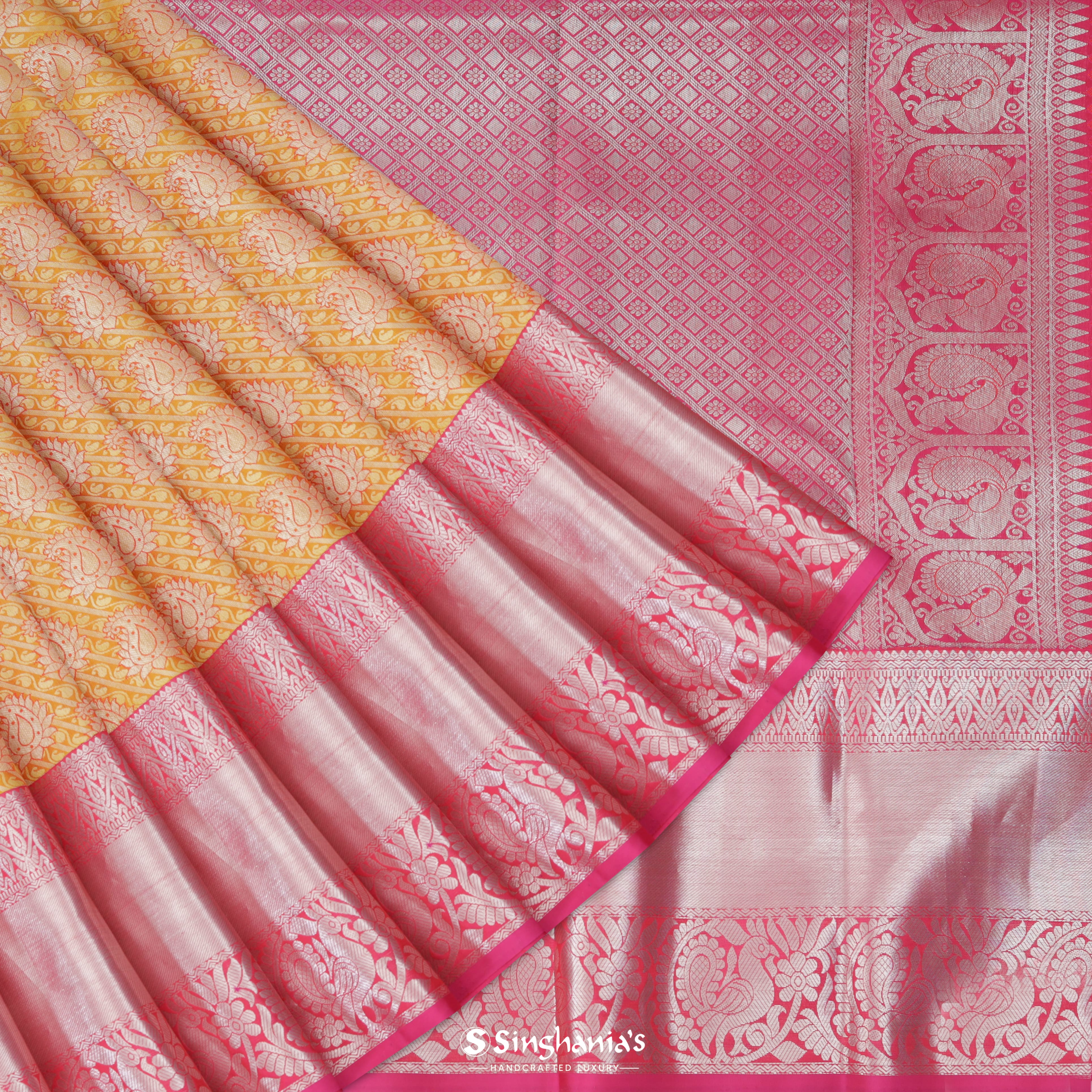 Honey Yellow Silk Kanjivaram Saree With Floral Paisley Motifs