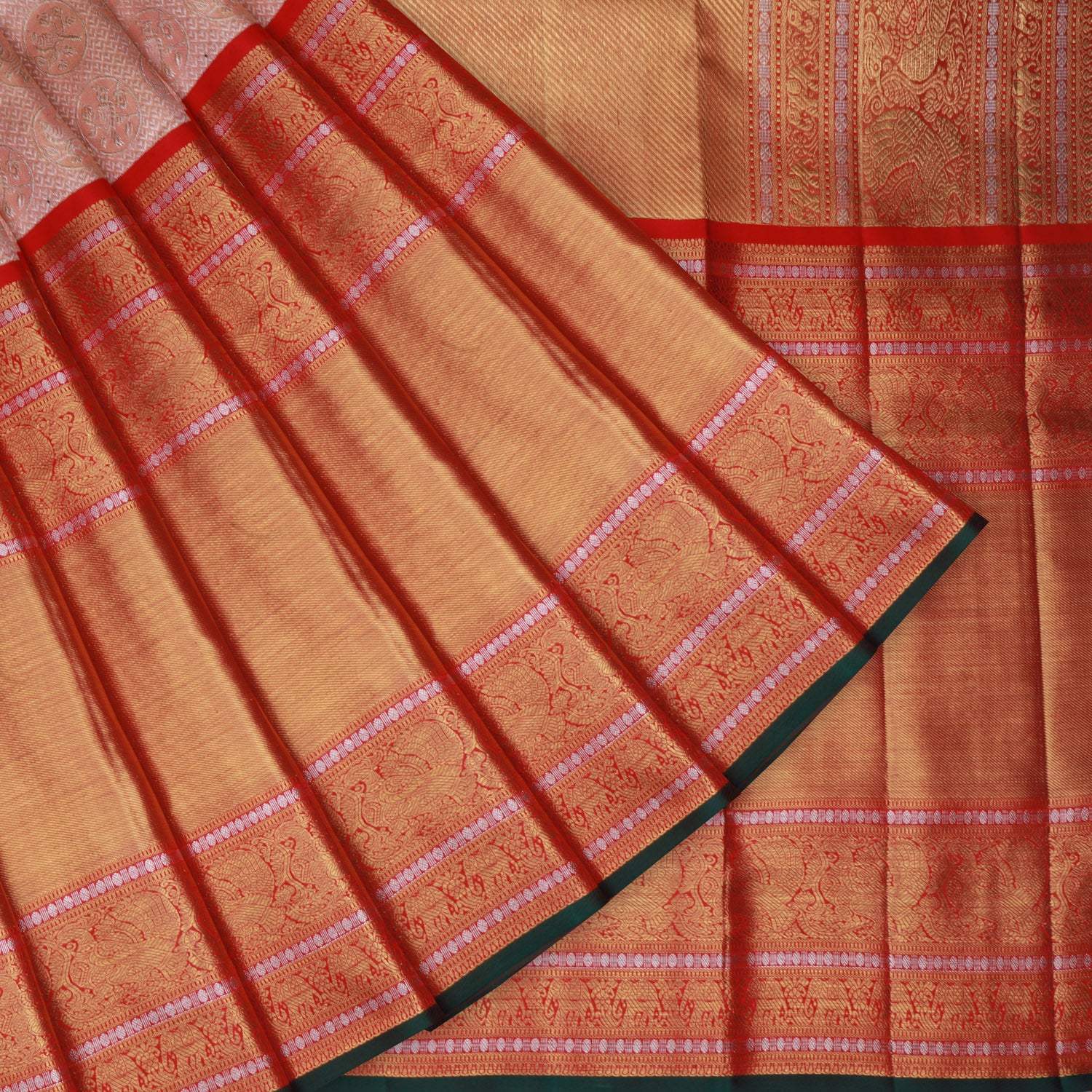 Light Peach Kanjivaram Silk Saree With Floral And Bird Motif Pattern - Singhania's