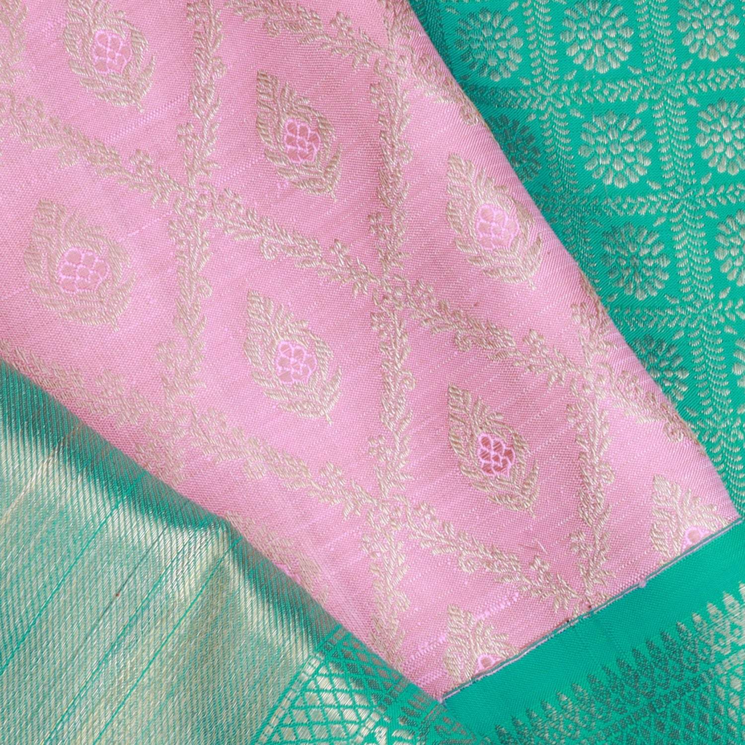 Bubblegum Pink Kanjivaram Silk Saree With Floral Jaal Design - Singhania's
