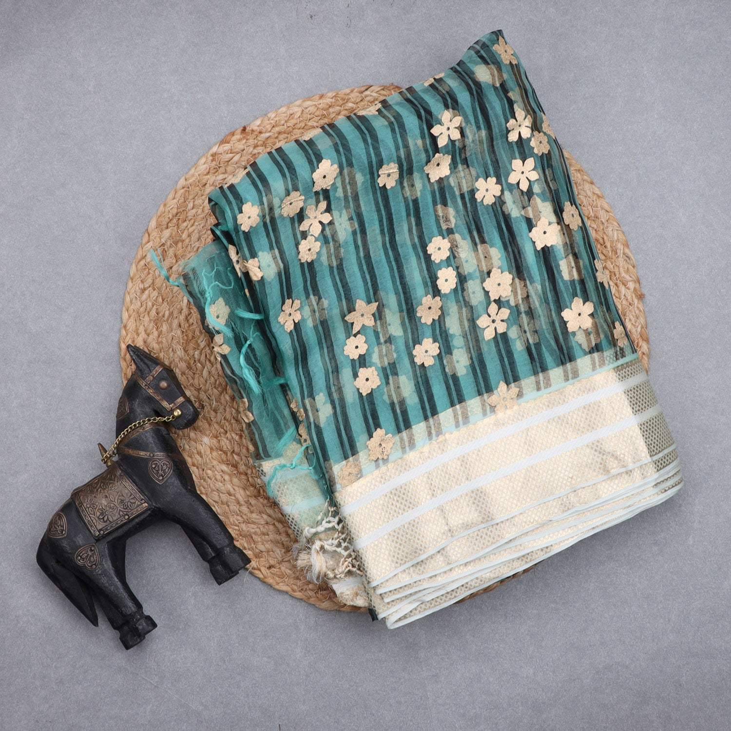 Pastel Blue Organza Saree With Foil Printed Motifs - Singhania's