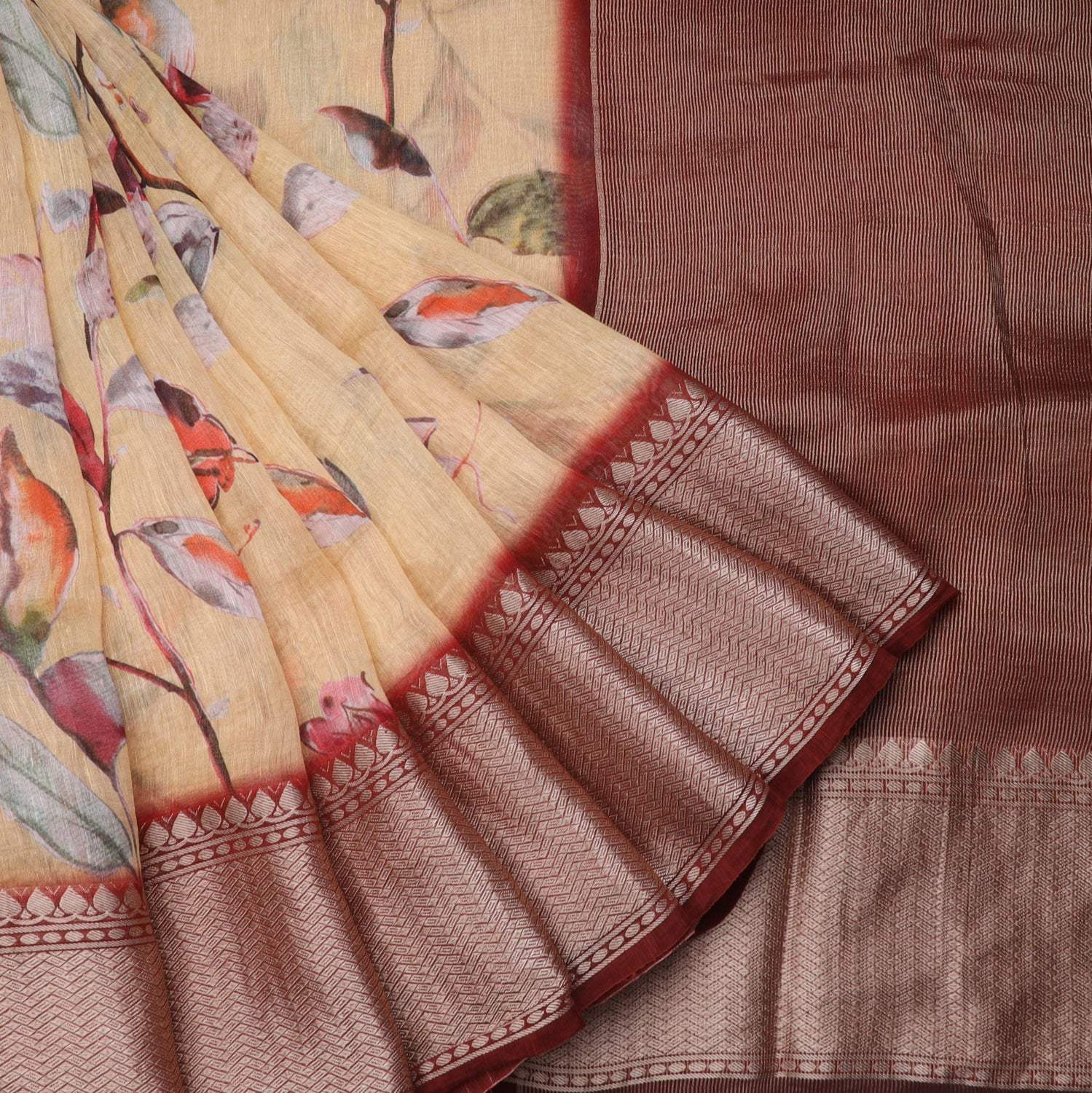Pale Yellow Linen Saree With Floral Prints - Singhania's