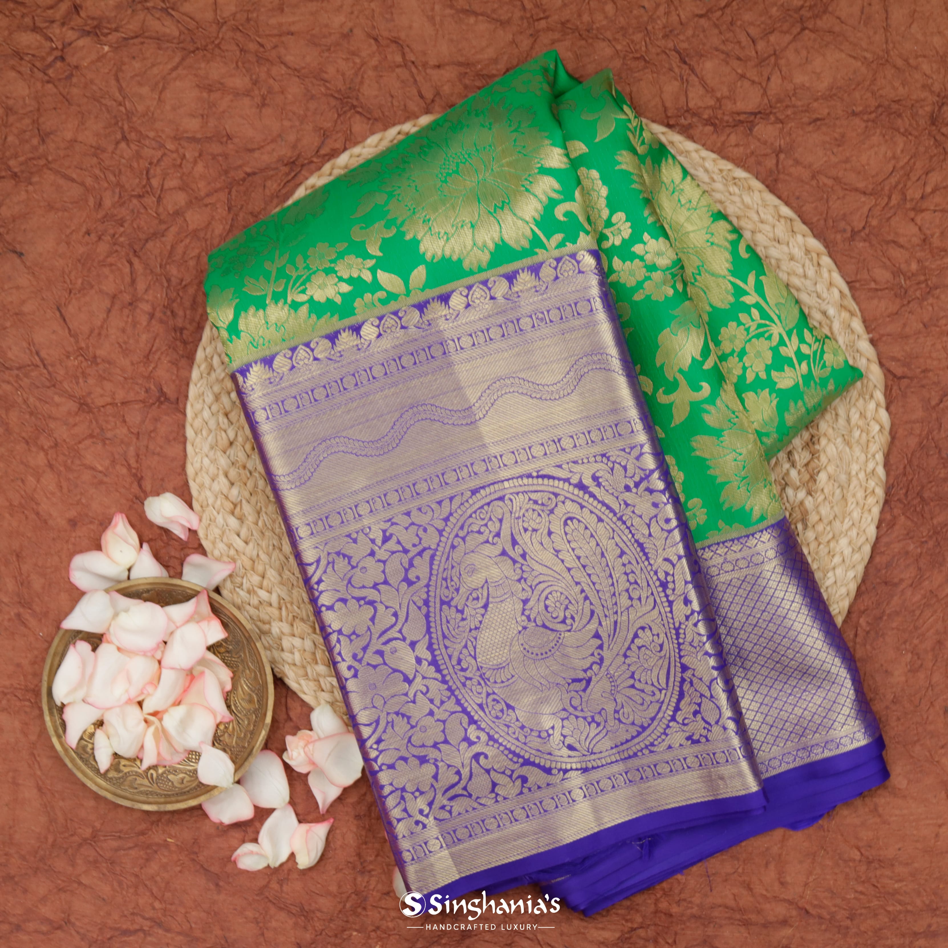 Jade Green Silk Kanjivaram Saree With Floral Jaal Design