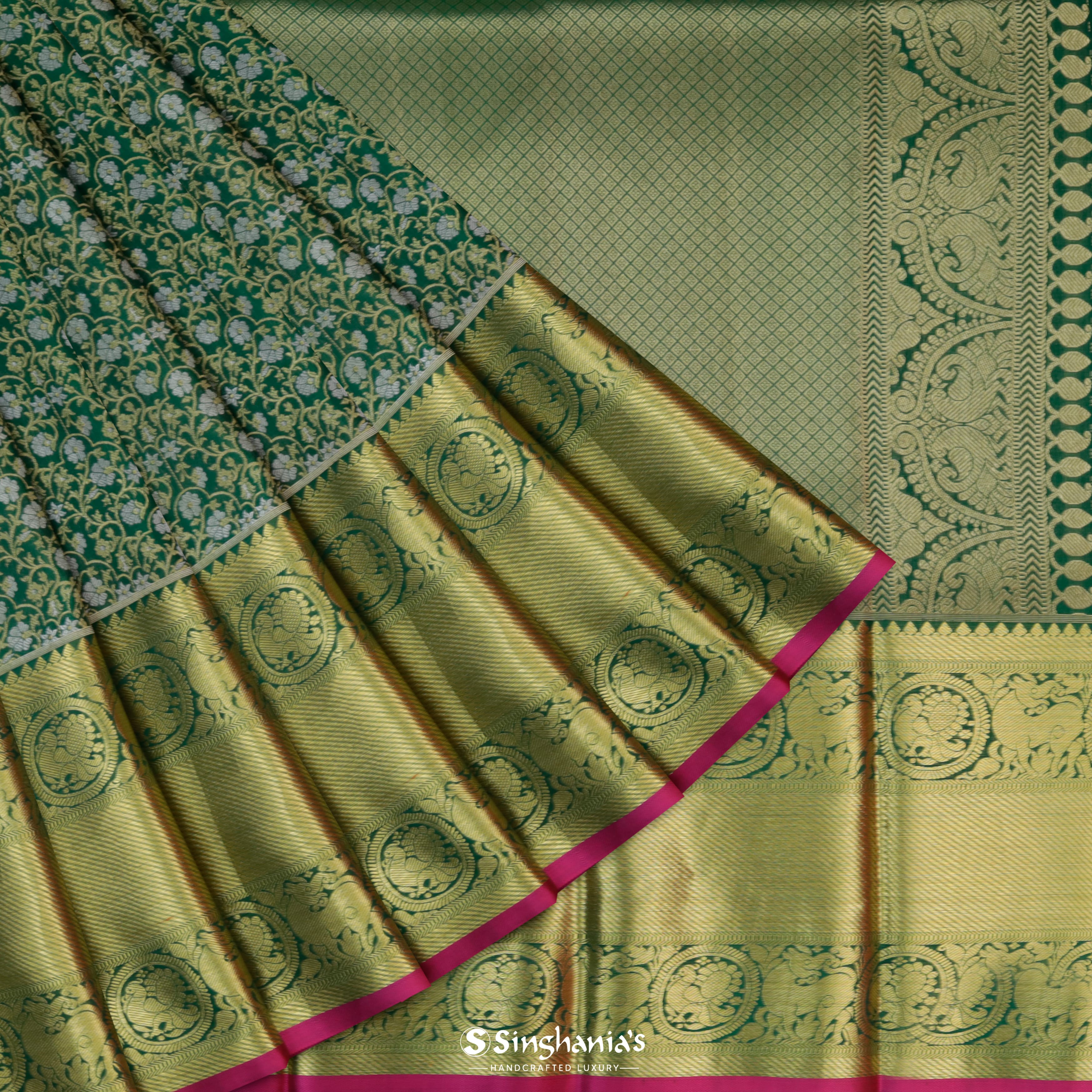 Dark Emerald Green Silk Kanjivaram Saree With Floral Jaal Pattern