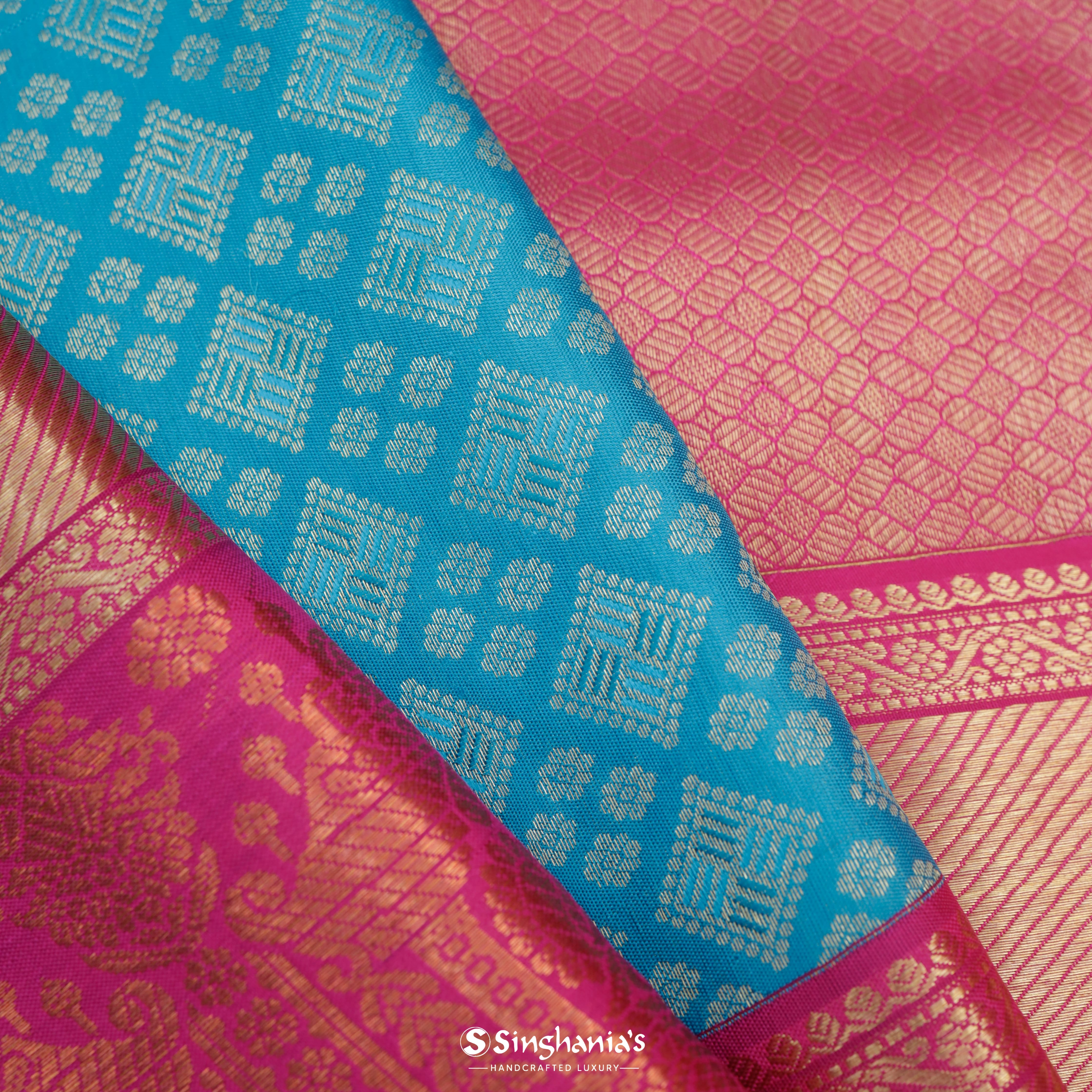 Cyan Blue Silk Kanjivaram Saree With Geometrical Pattern