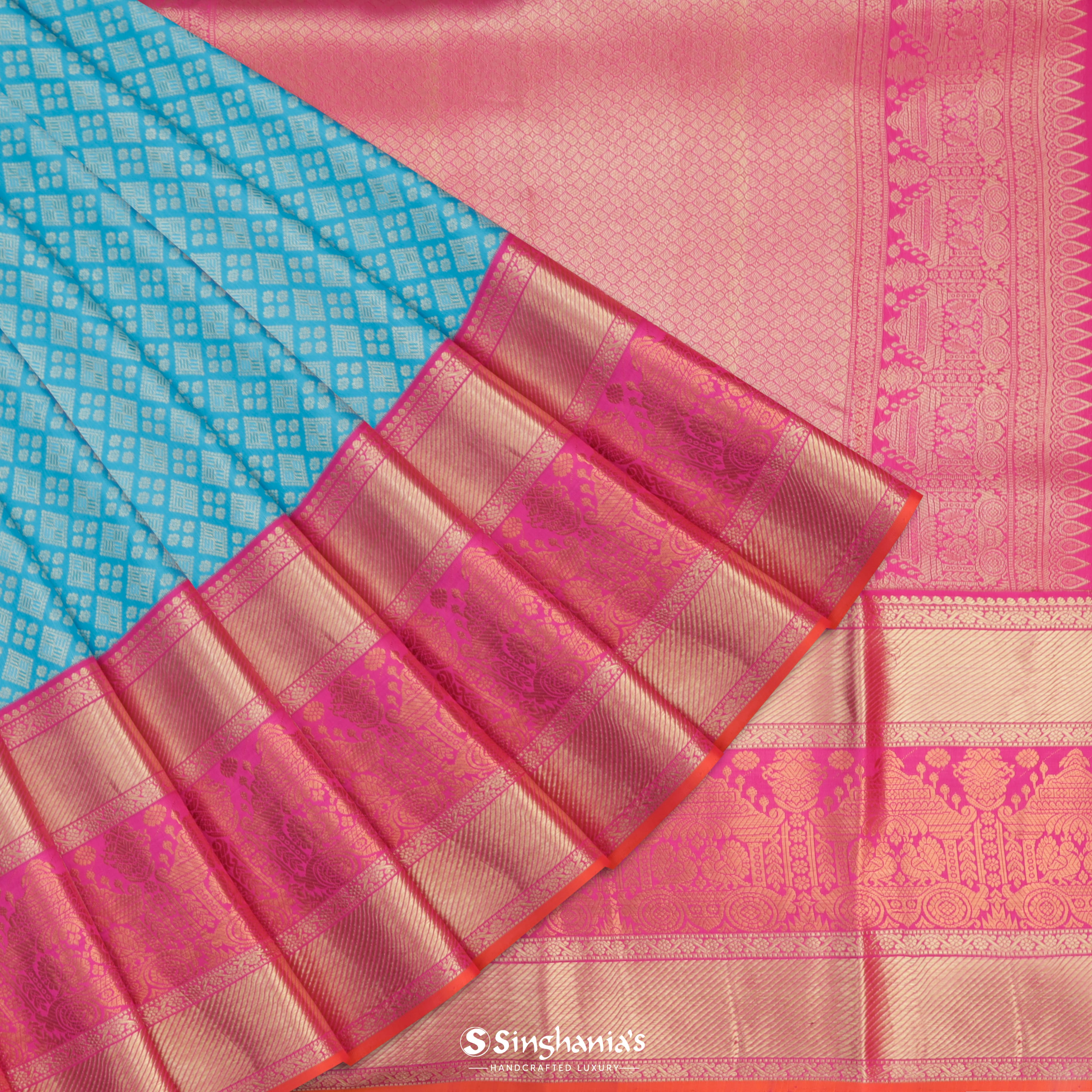 Cyan Blue Silk Kanjivaram Saree With Geometrical Pattern