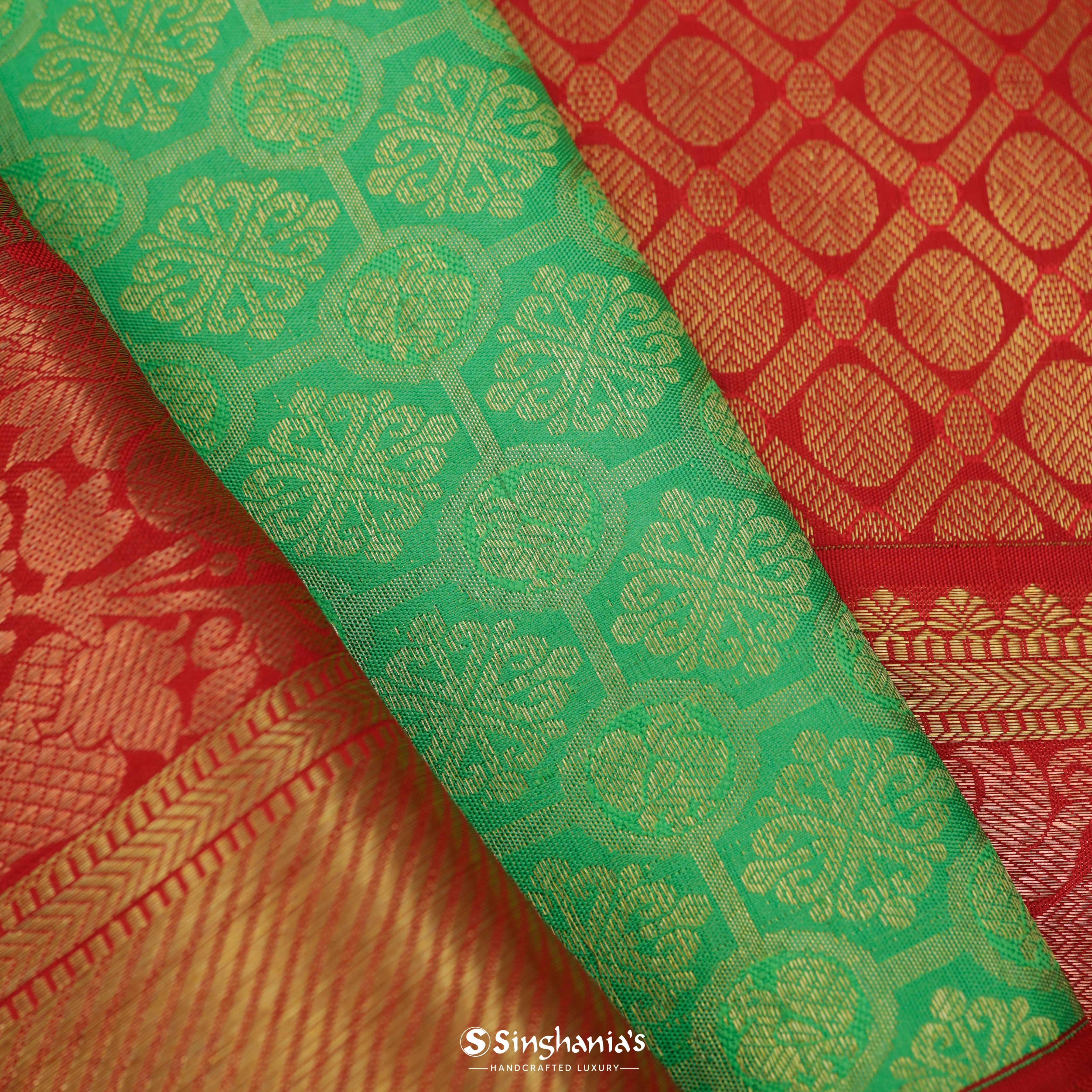 Light Mint Green Silk Kanjivaram Saree With Floral Motif Pattern