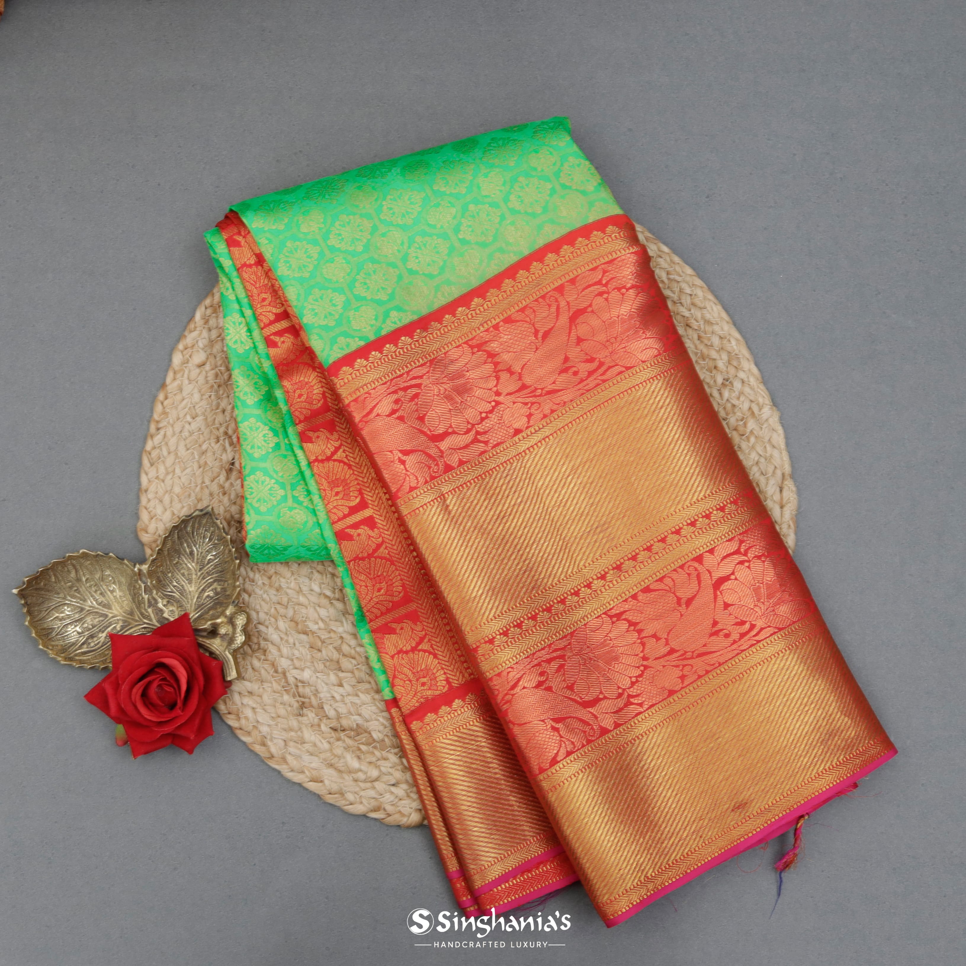 Light Mint Green Silk Kanjivaram Saree With Floral Motif Pattern