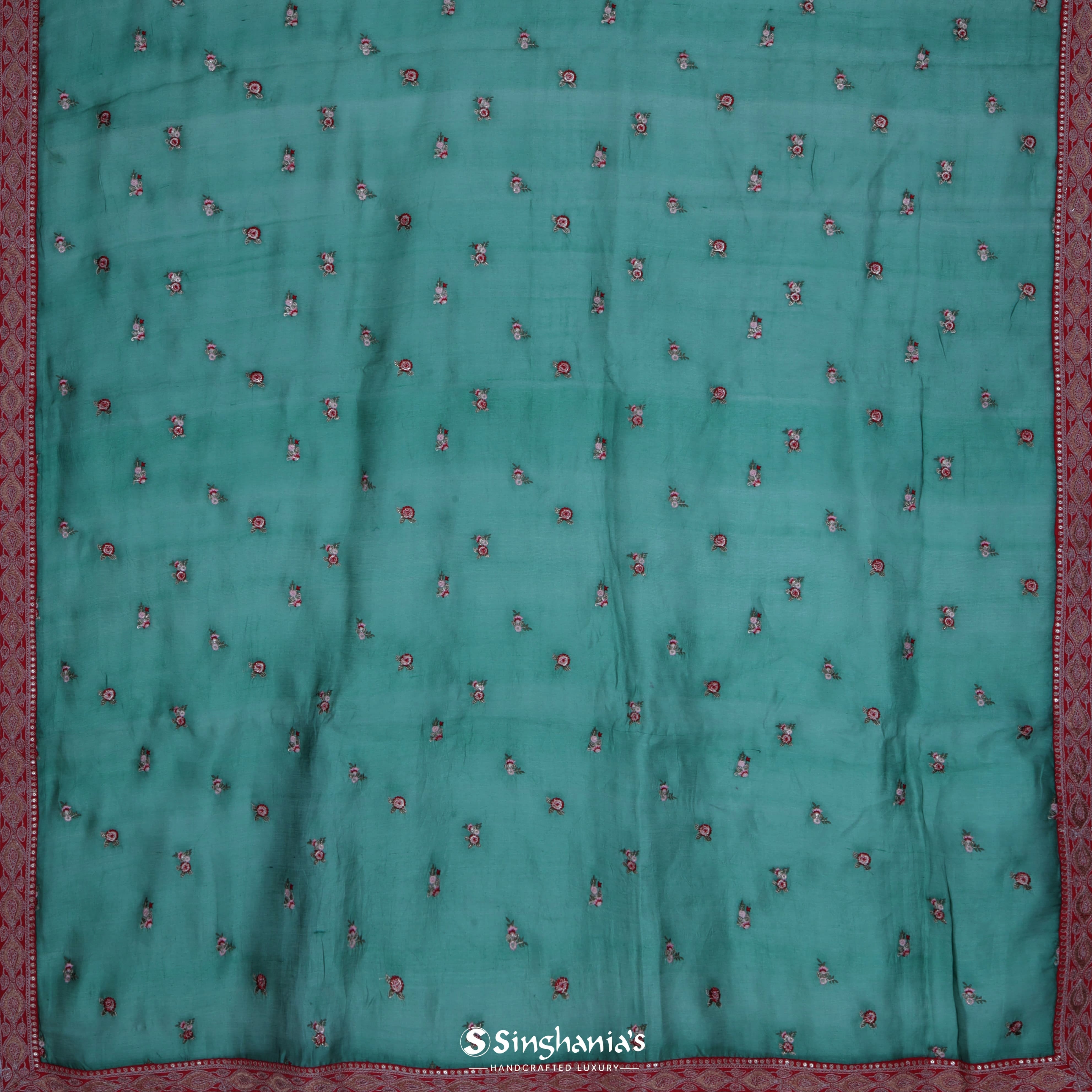 Deep Jungle Green Organza Tussar Embroidery Silk Saree With Tiny Floral Buttis
