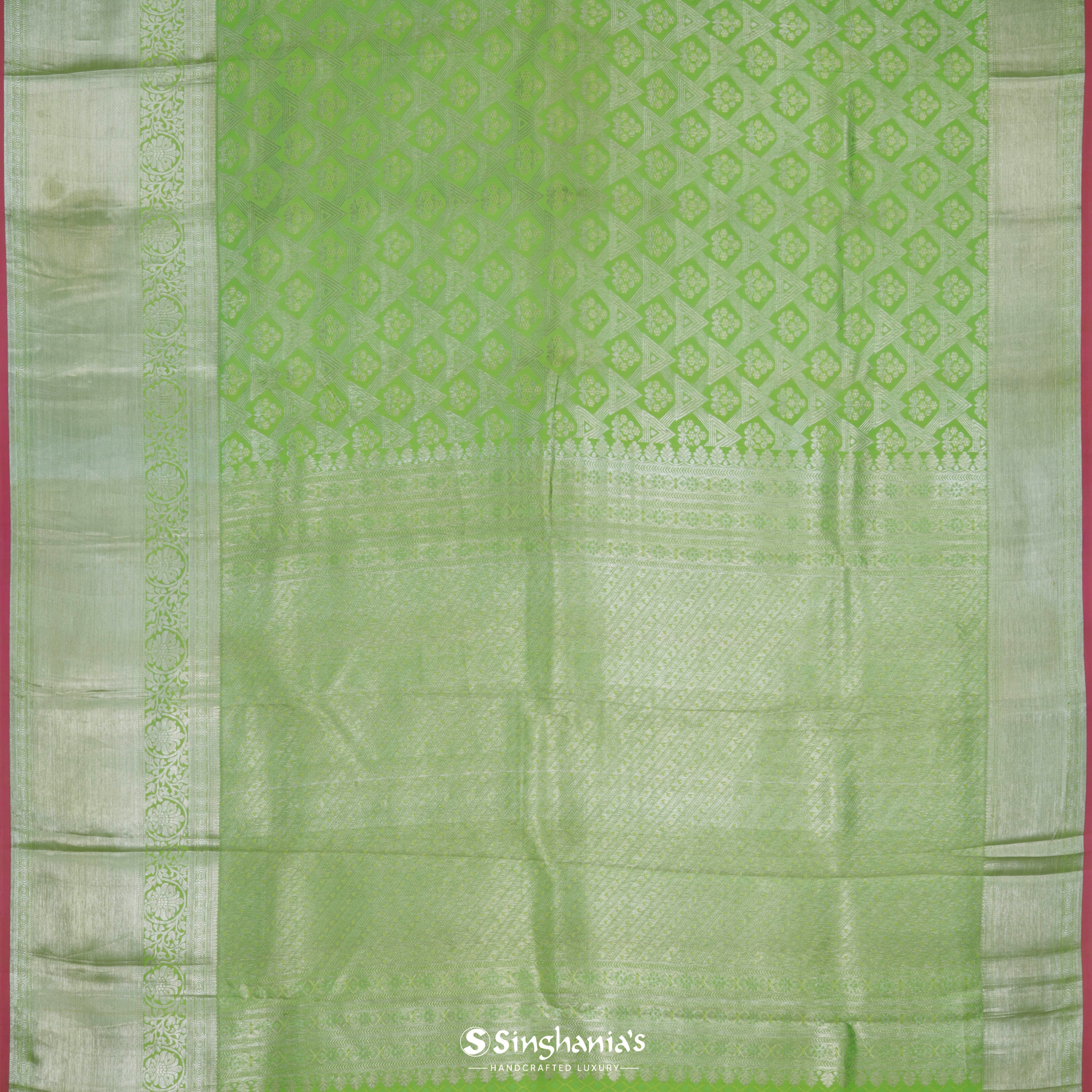 Grass Green Maheshwari Kanjivaram Handloom Saree With Floral Jaal Design