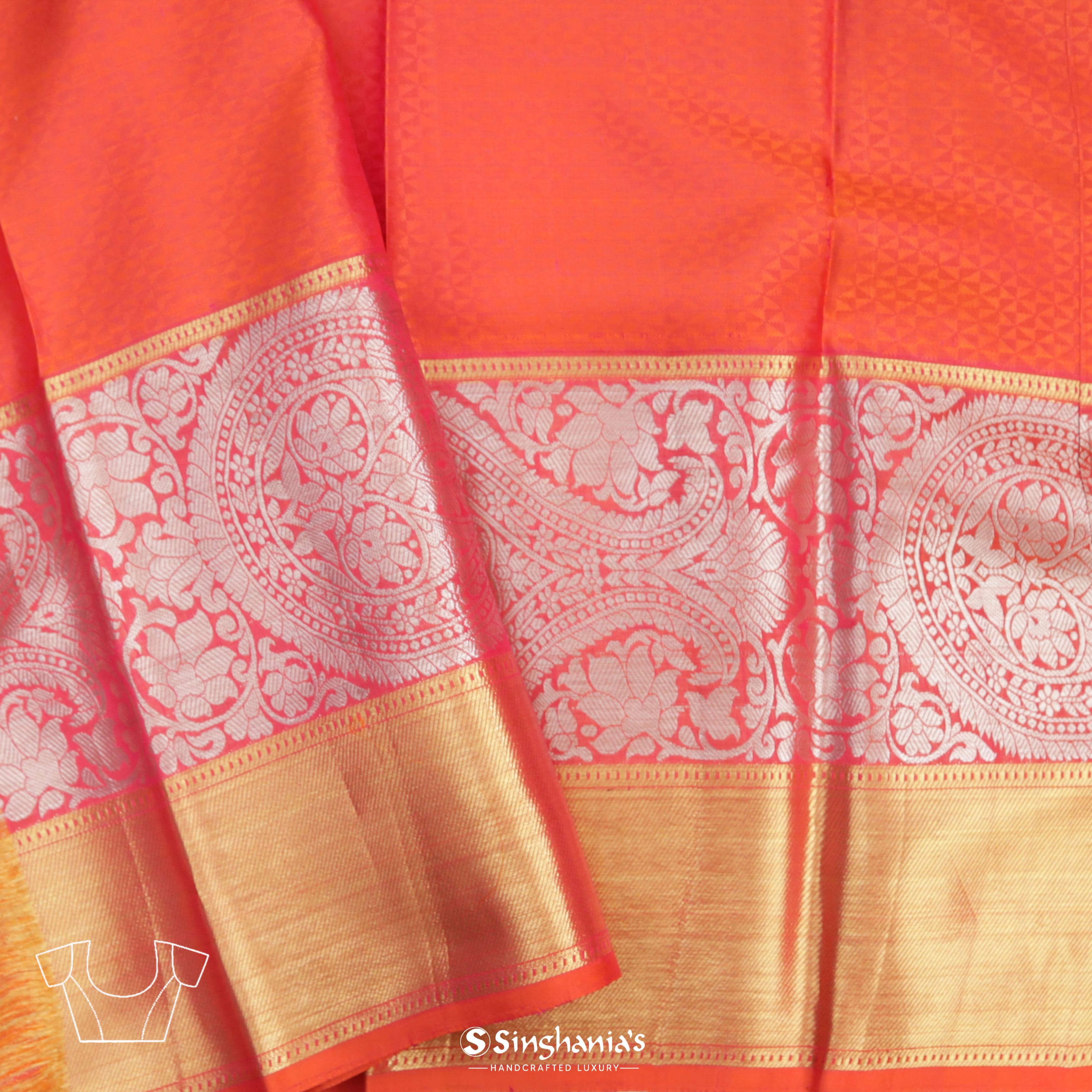 Apricot Orange Maheshwari Korvai Kanjivaram Handloom Saree With Floral Buttas