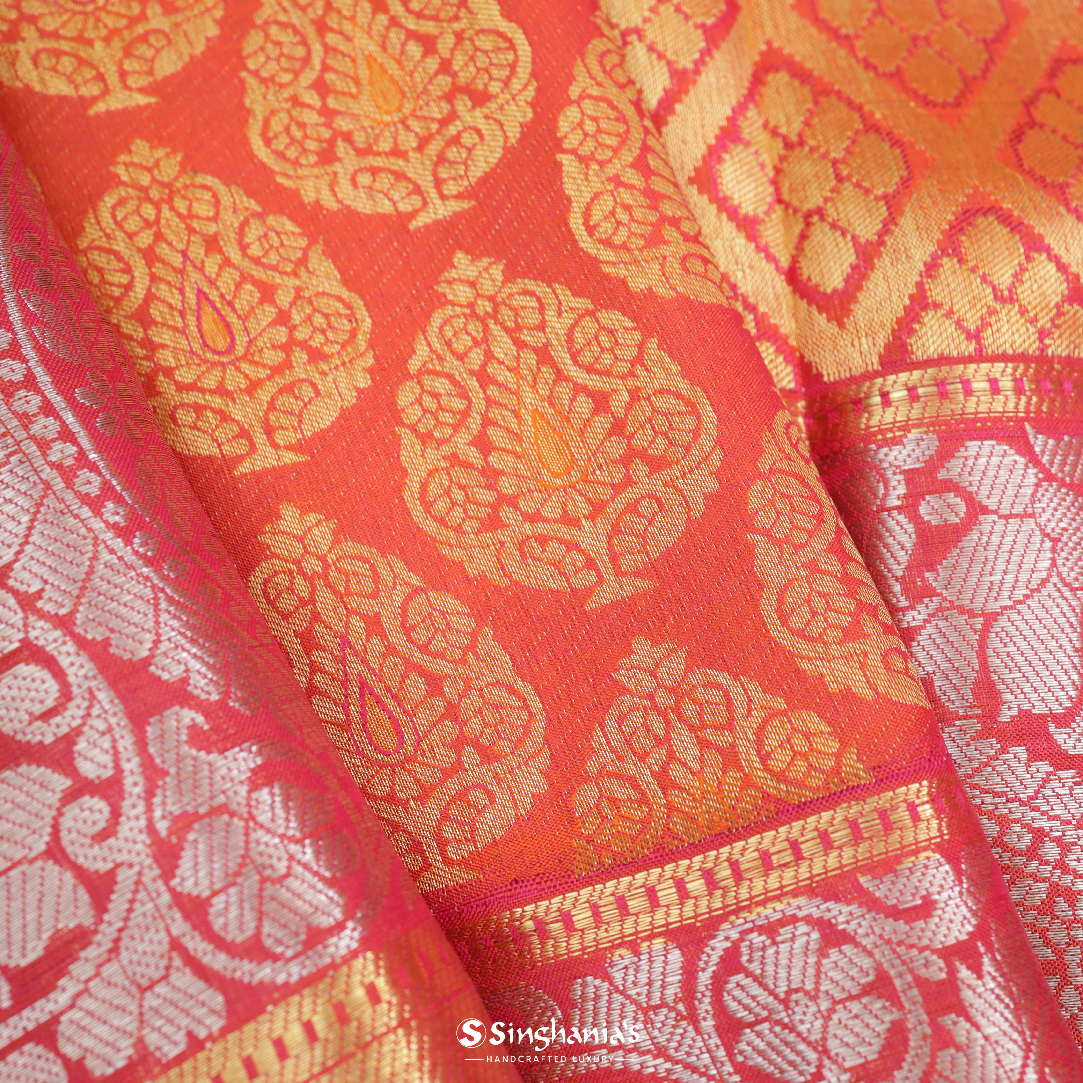 Apricot Orange Maheshwari Korvai Kanjivaram Handloom Saree With Floral Buttas