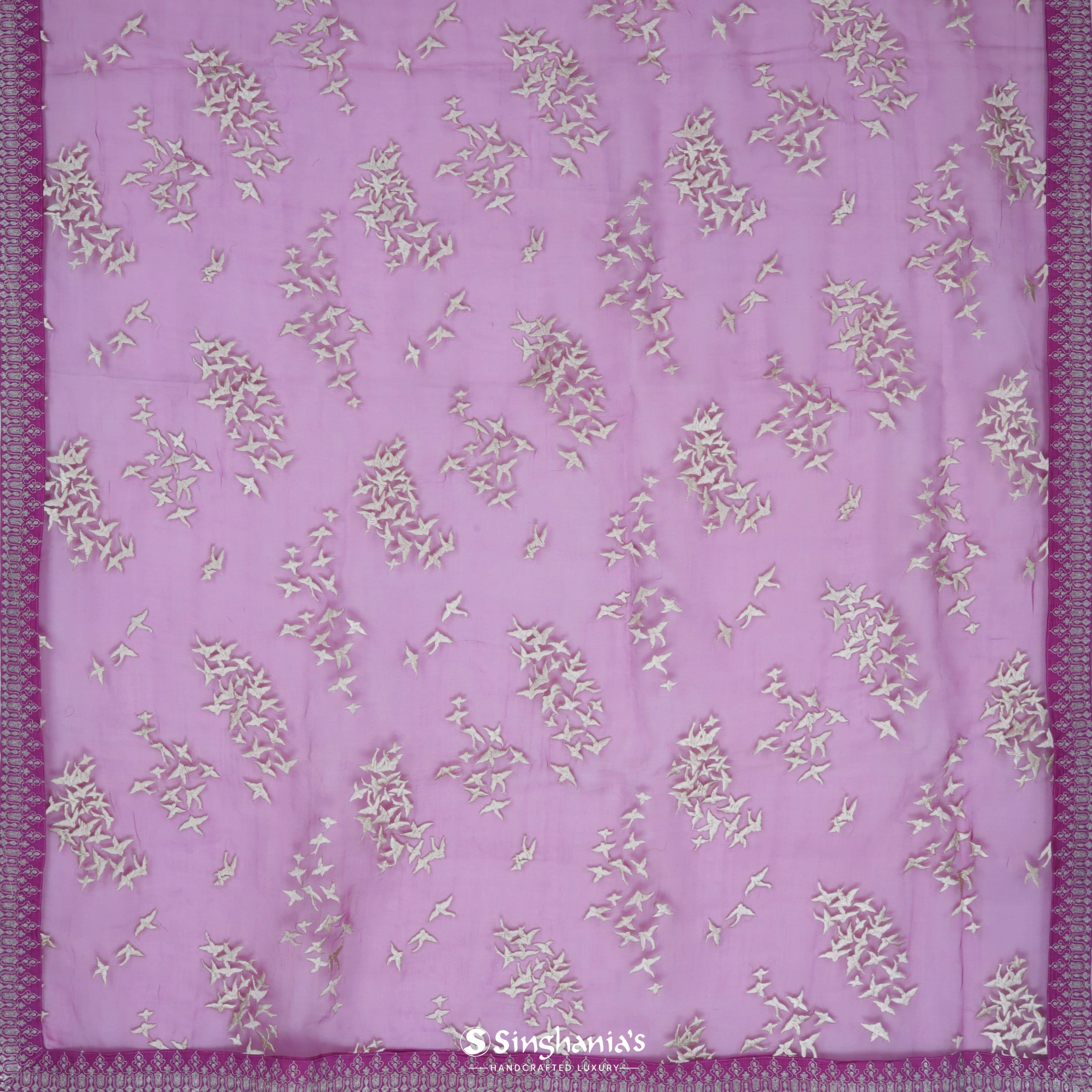 Deep Magenta Pink Organza Printed Saree With Bird Motifs