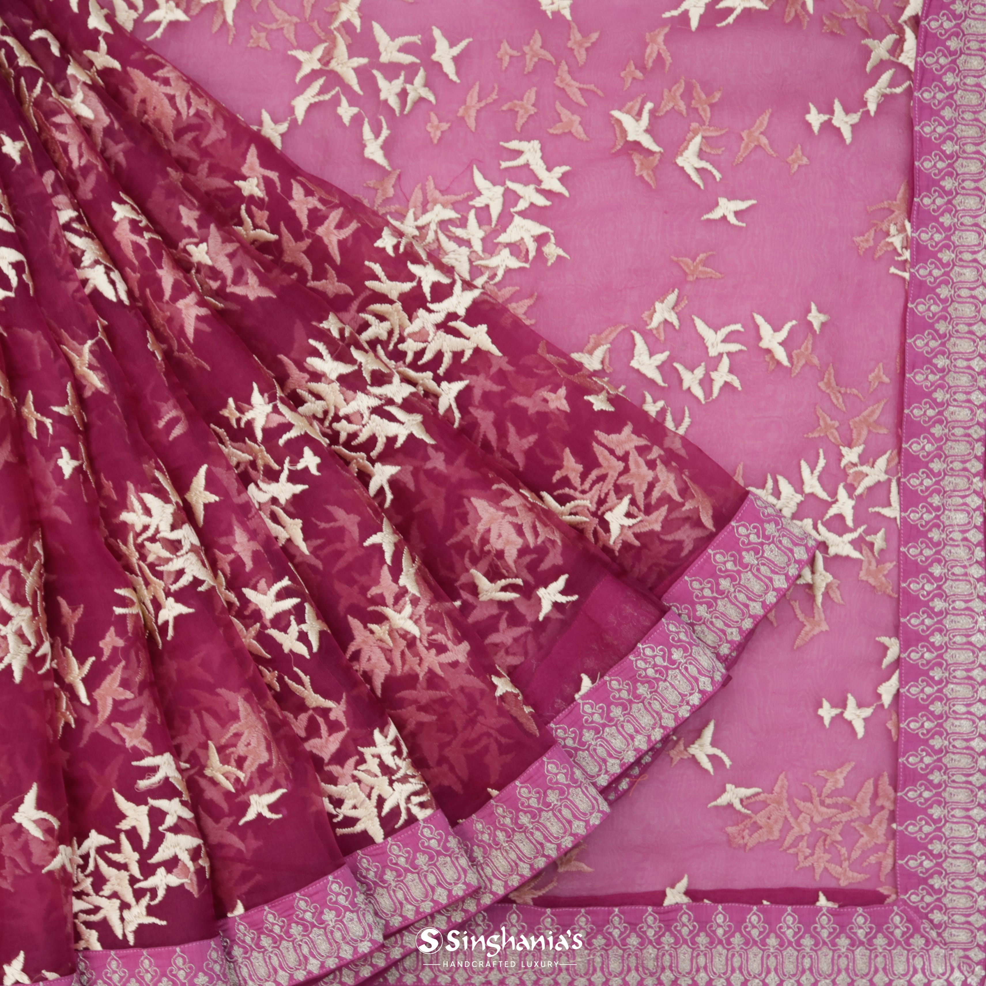 Deep Magenta Pink Organza Printed Saree With Bird Motifs