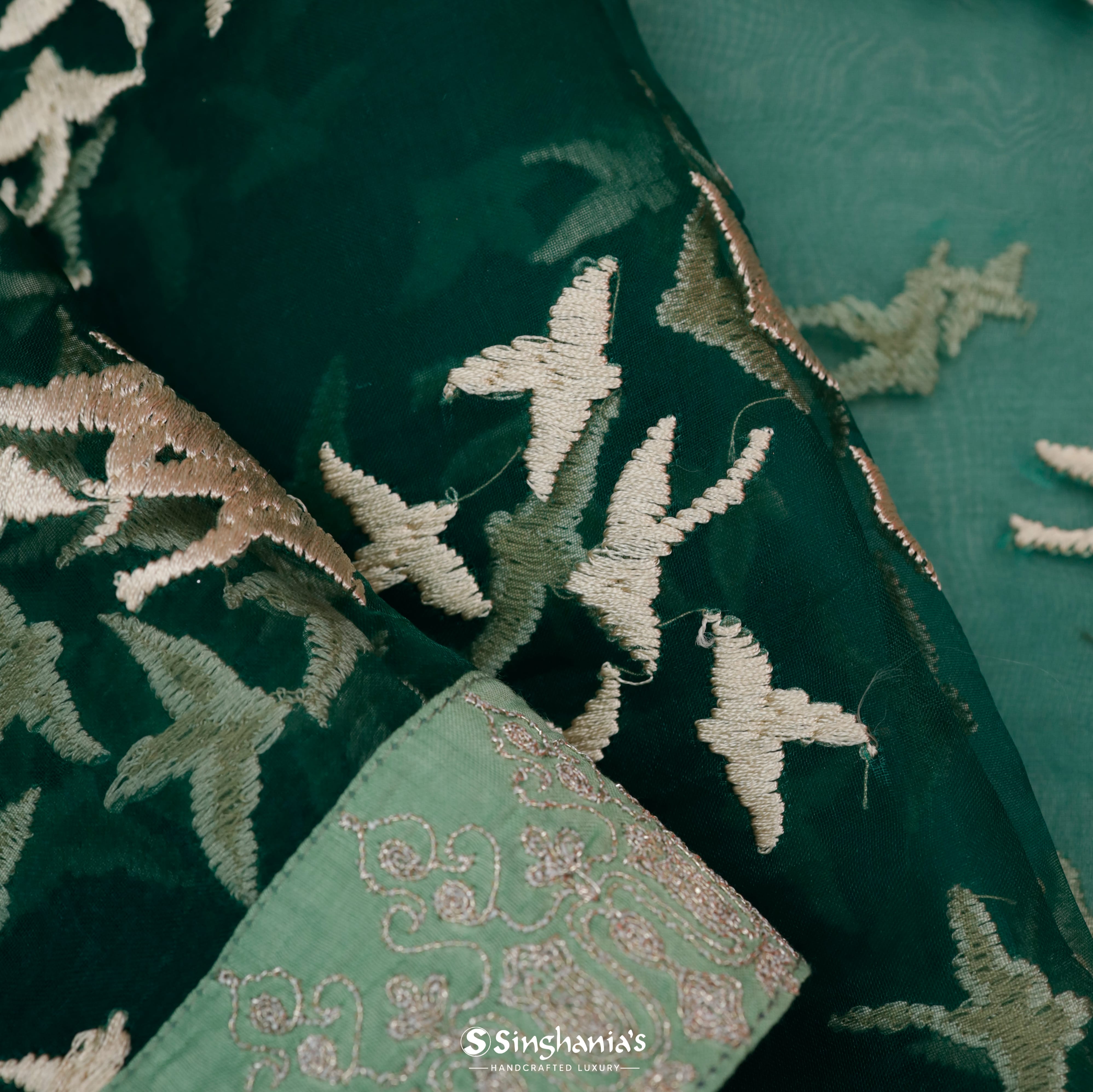 Deep Jungle Green Organza Embroidery Saree With Bird Motifs