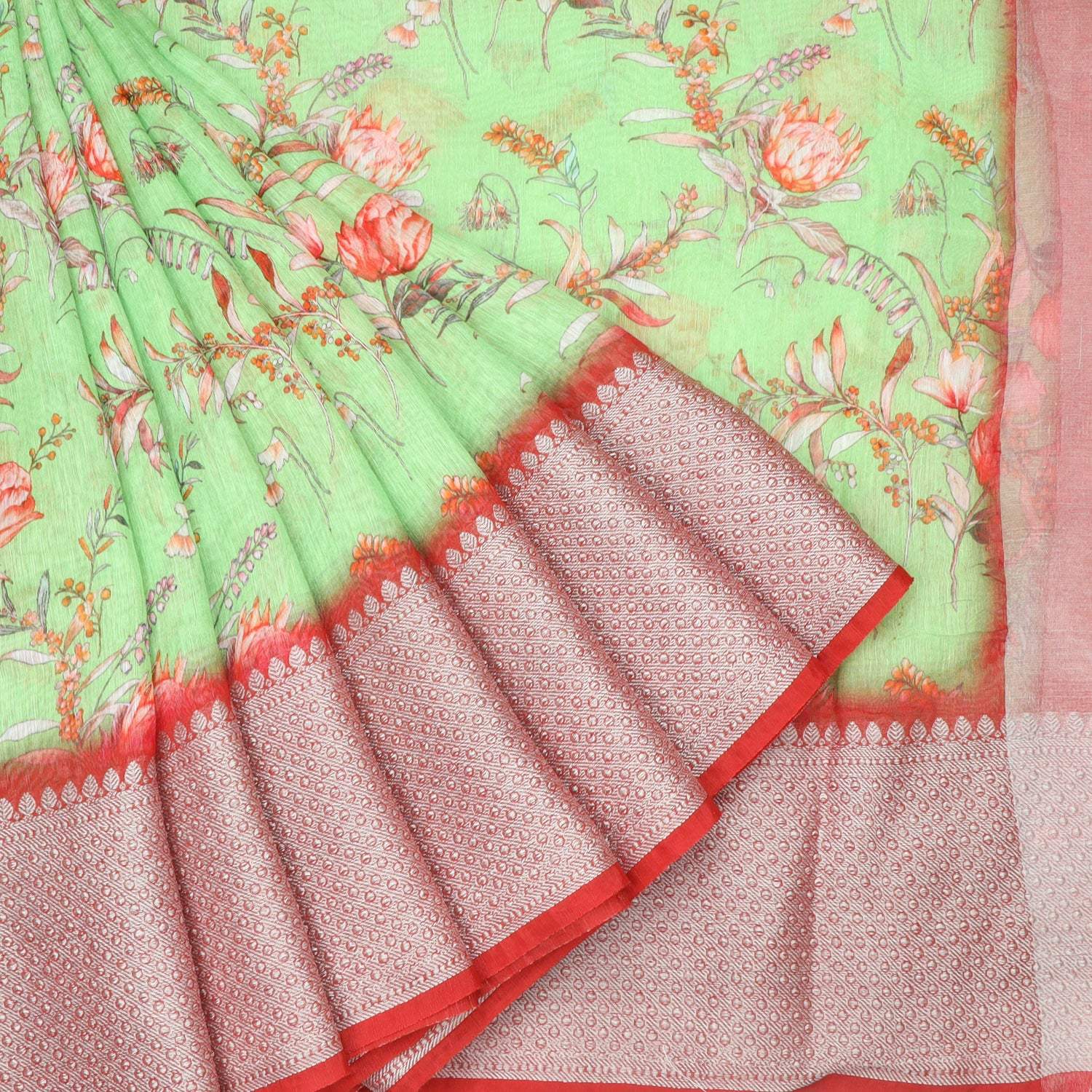 Green Linen Saree With Floral Prints - Singhania's