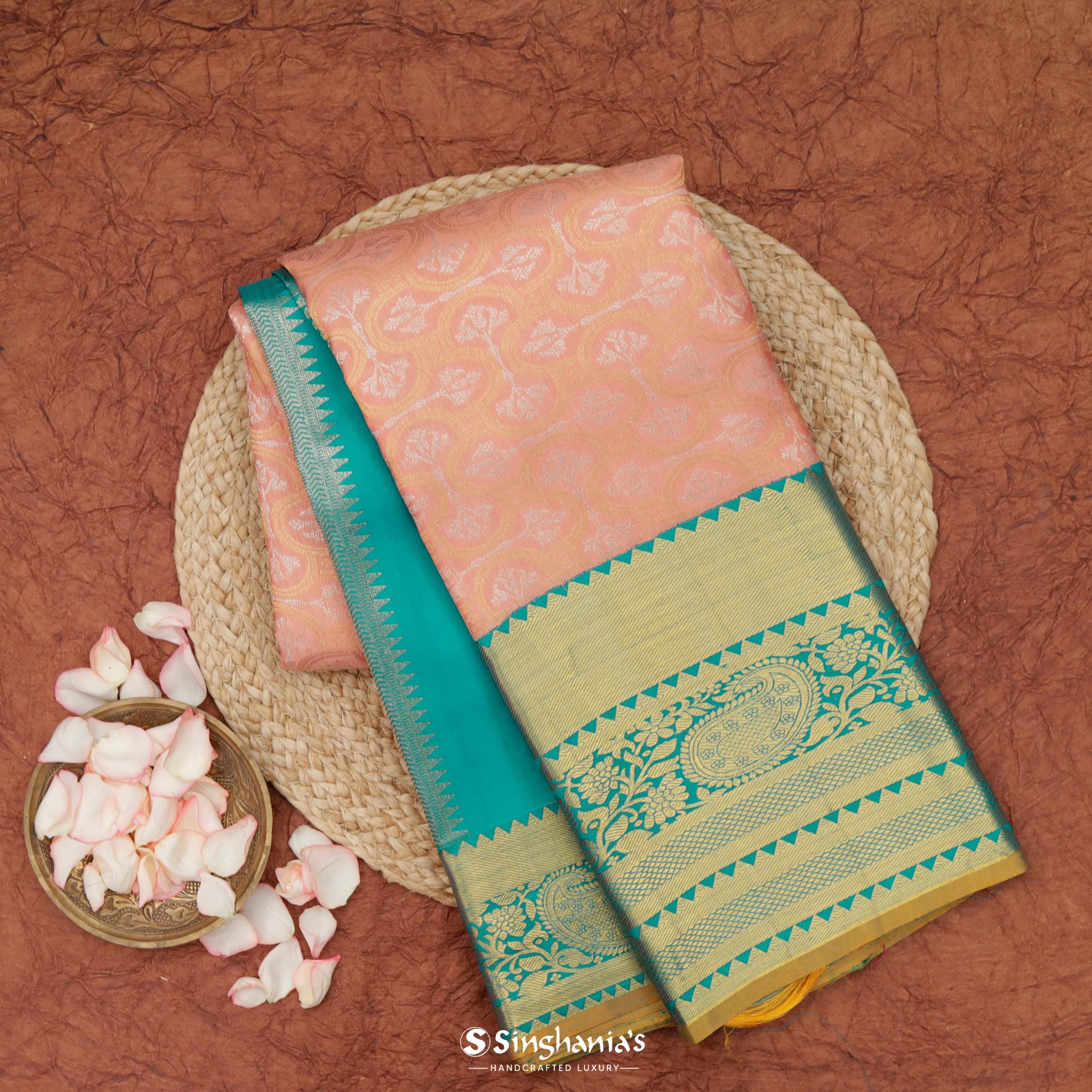 Coral Peach Silk Kanjivaram Saree With Floral Buttas