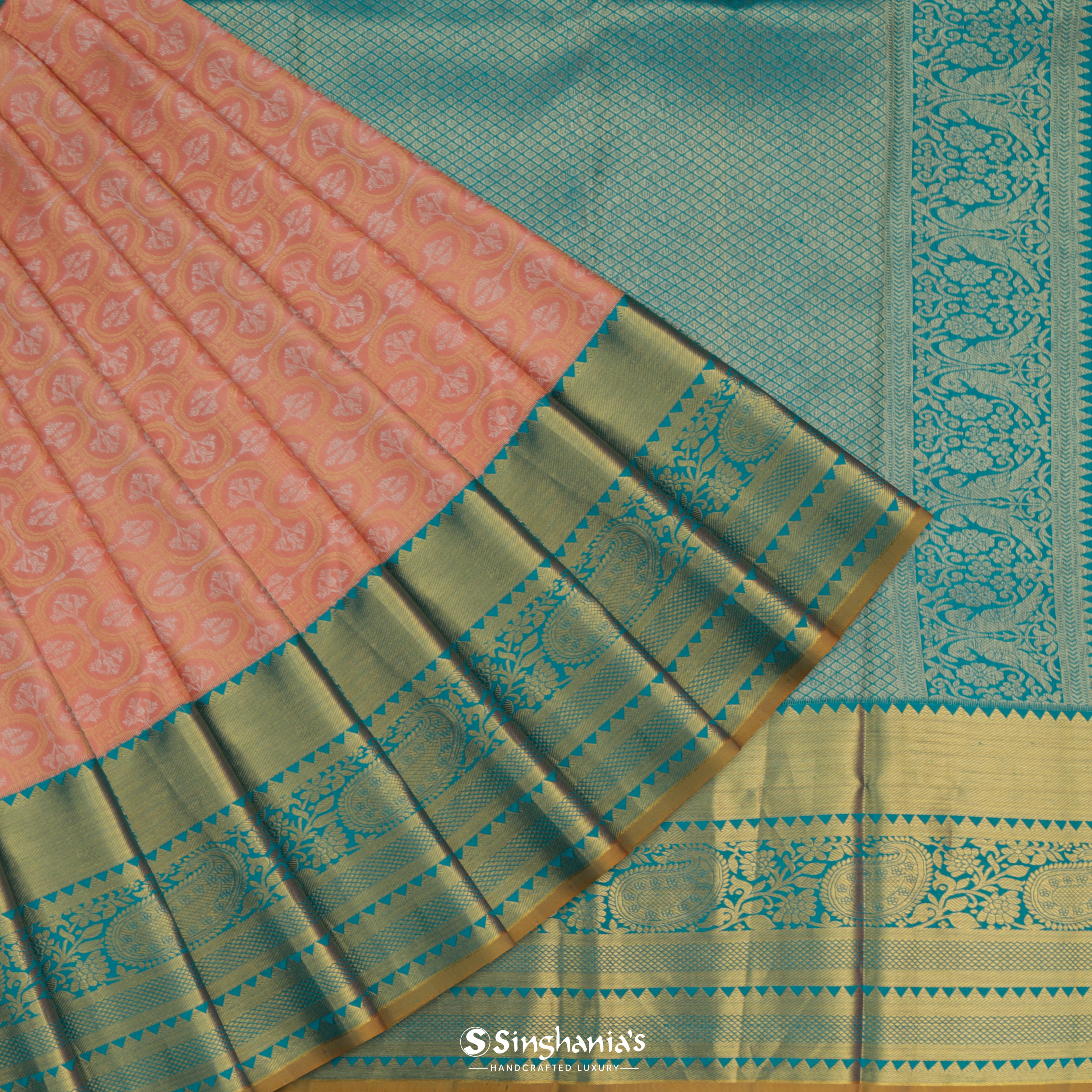 Coral Peach Silk Kanjivaram Saree With Floral Buttas