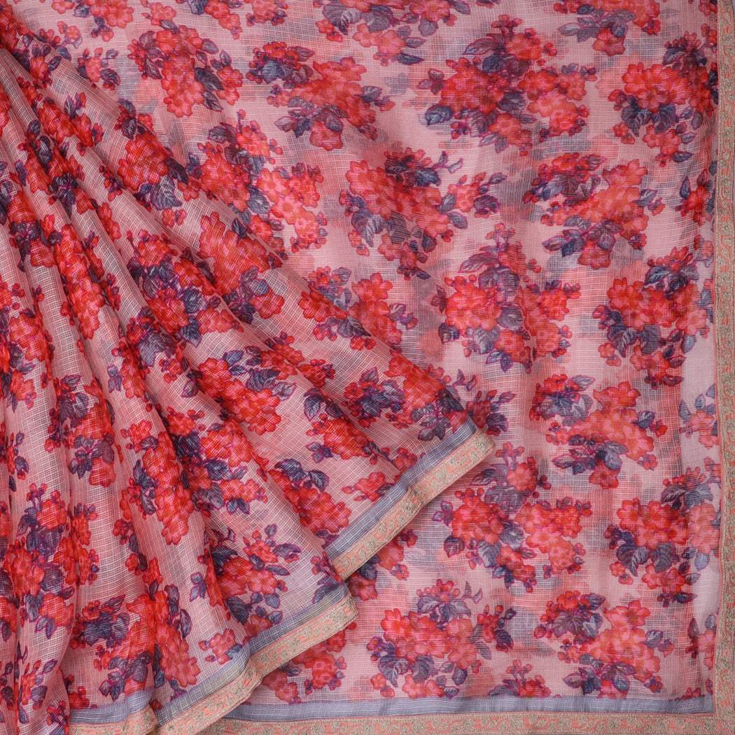 Baby Pink Printed Silk Saree With Embroidery - Singhania's