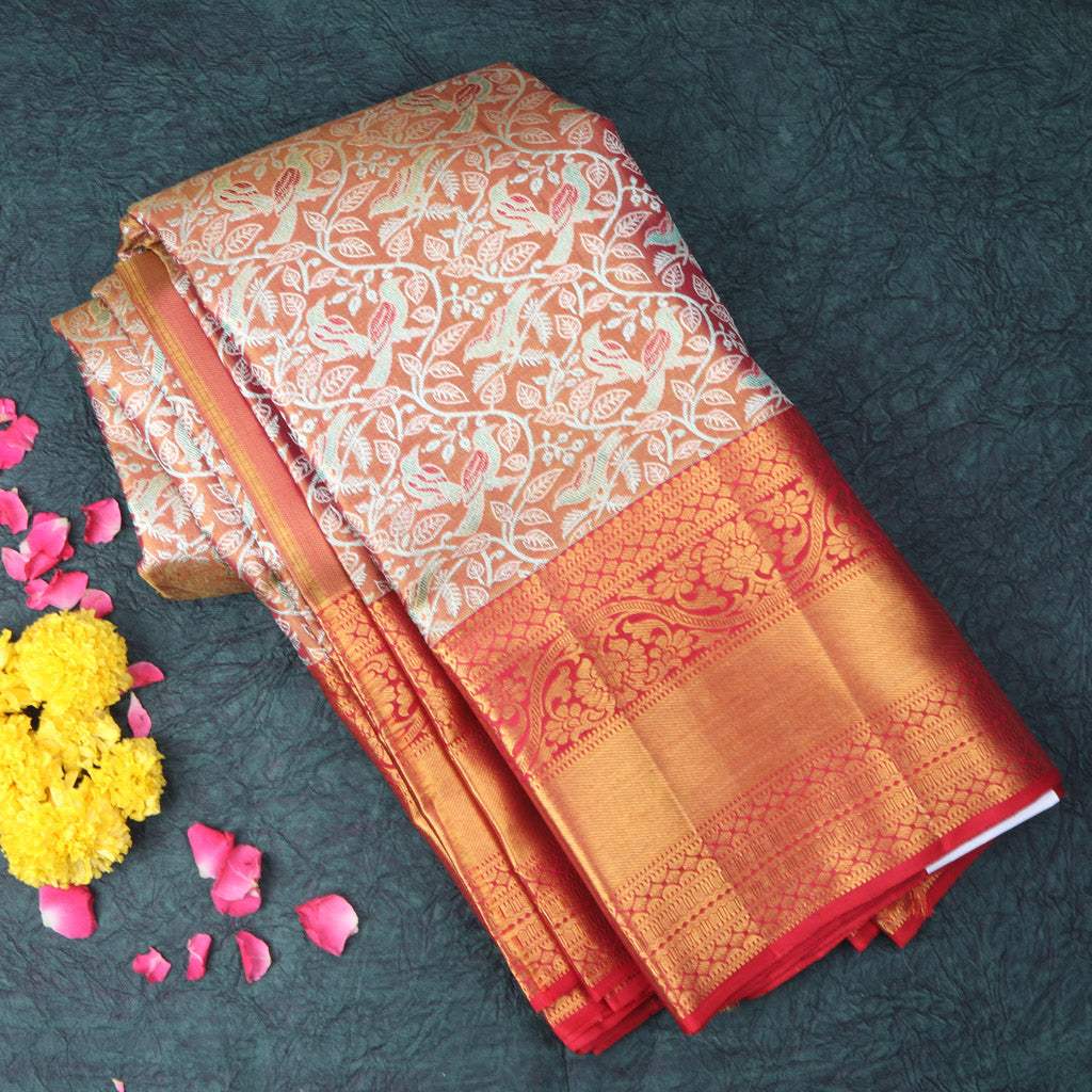 Pastel Brown Kanjivaram Silk Saree With Floral And Bird Pattern - Singhania's