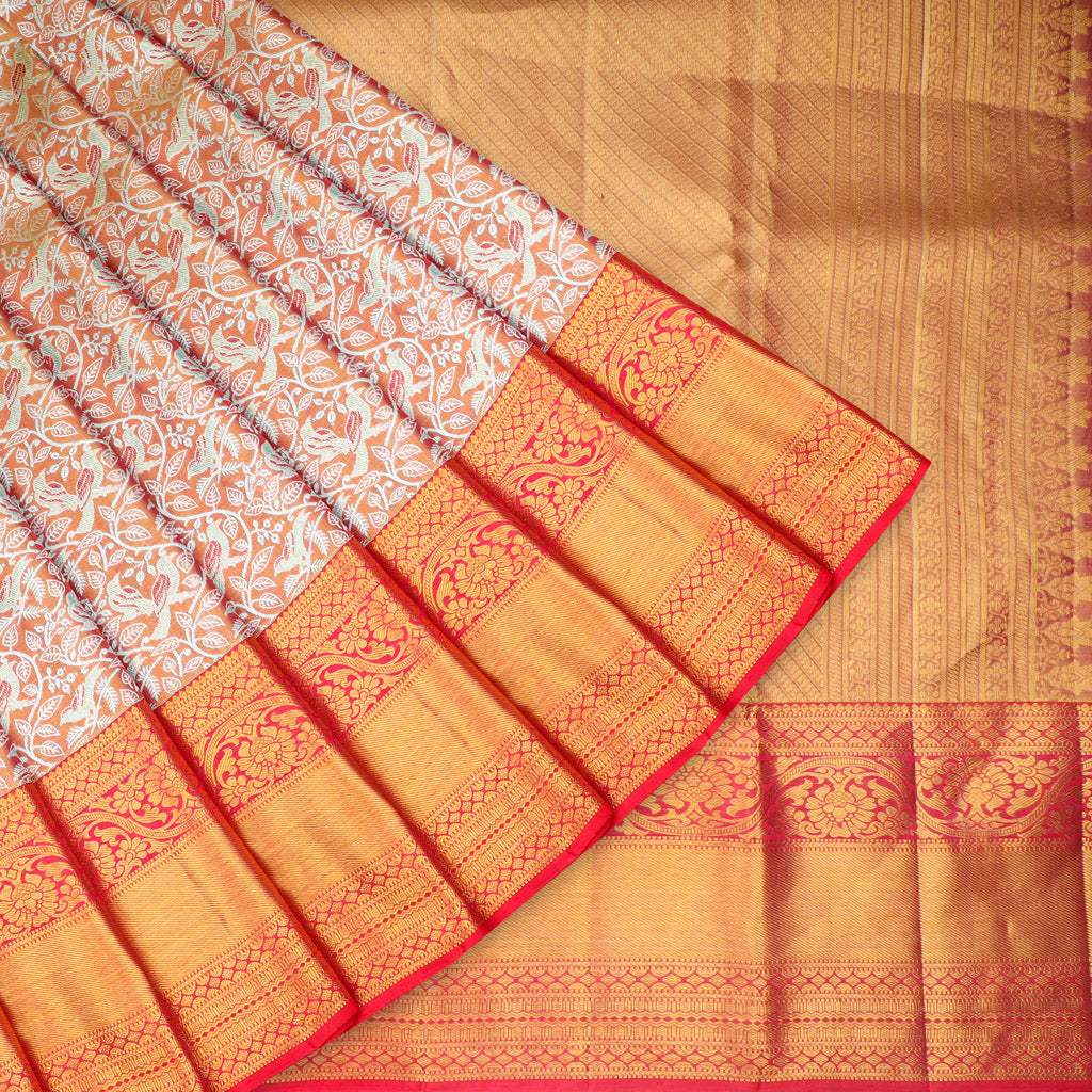 Pastel Brown Kanjivaram Silk Saree With Floral And Bird Pattern - Singhania's