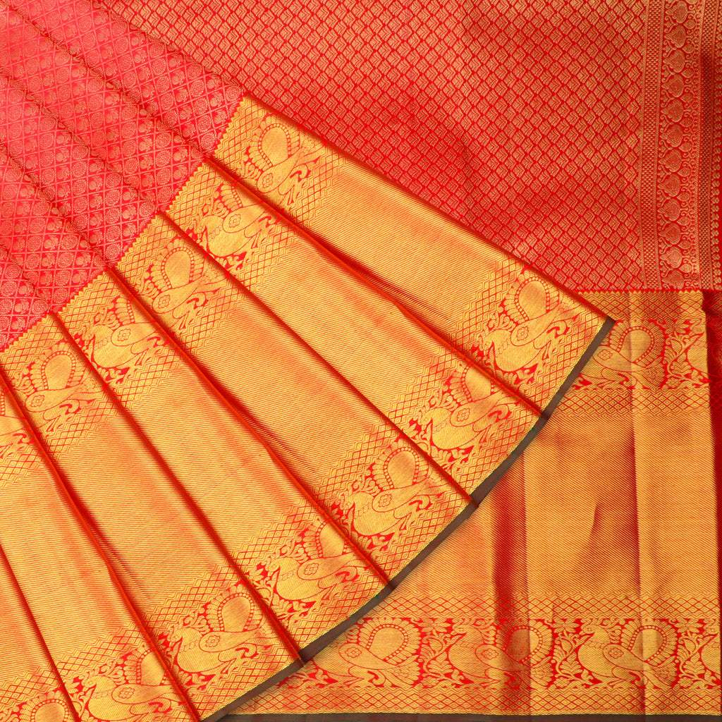 Red Kanjivaram Silk Saree With Floral And Mayil Buttis - Singhania's