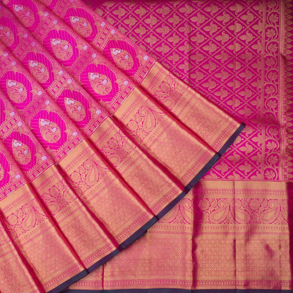Bright Pink Kanjivaram Silk Saree With Floral Pattern - Singhania's