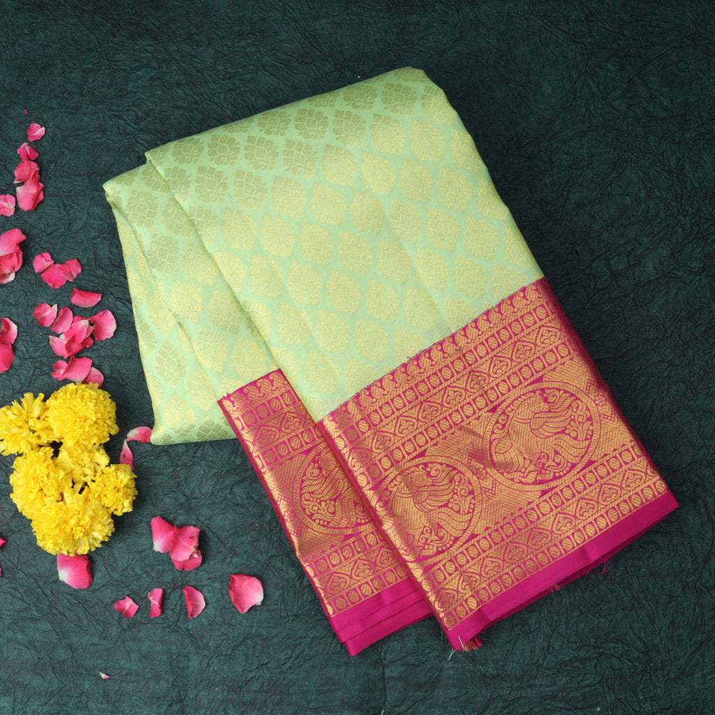 Pastel Green Kanjivaram Silk Saree With Floral Buttis - Singhania's