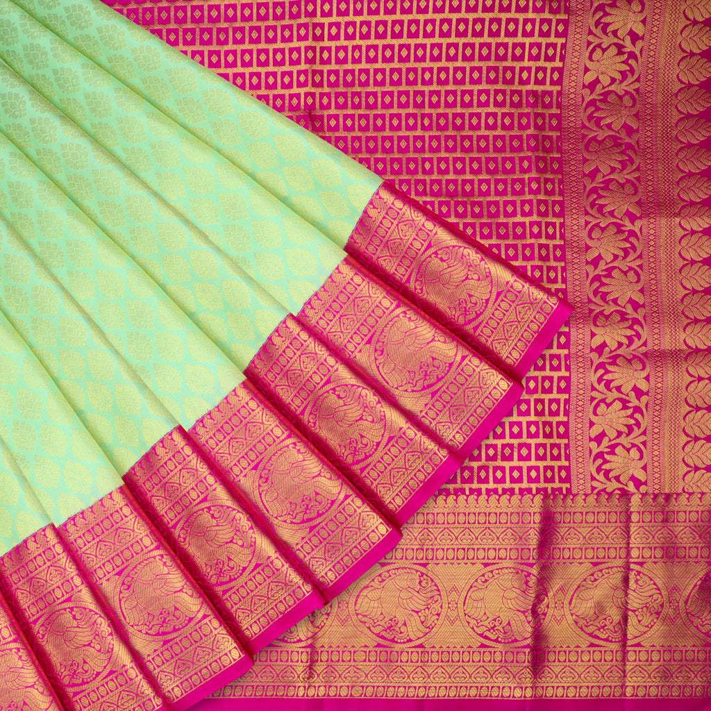 Pastel Green Kanjivaram Silk Saree With Floral Buttis - Singhania's